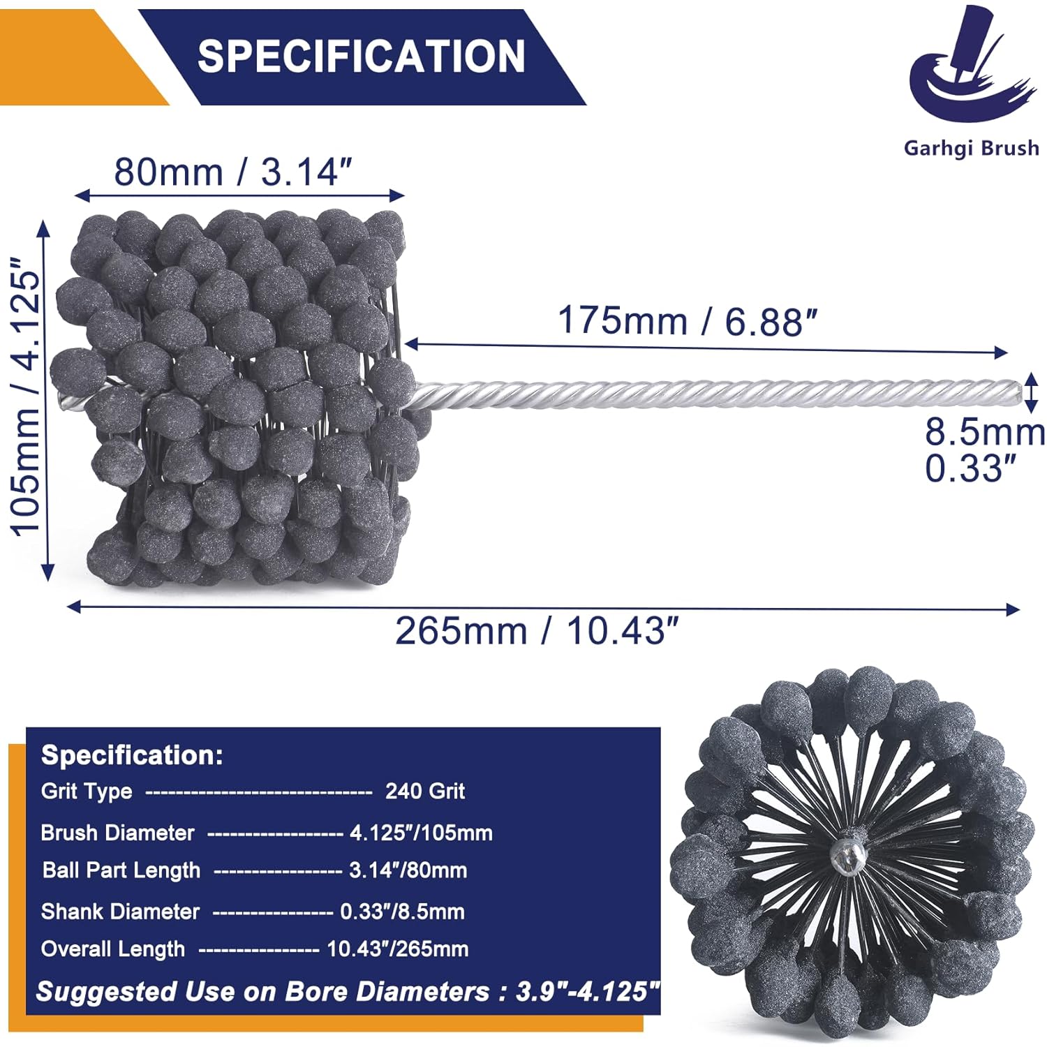 Garhgi 4-1/8"(105mm) Engine Hone Brush, Silicon Carbide 240 Grit Ball Brush Tool for Smoothing Polishing Automotive Motorcycle Engine Cylinders Brake Tube Piston Ring