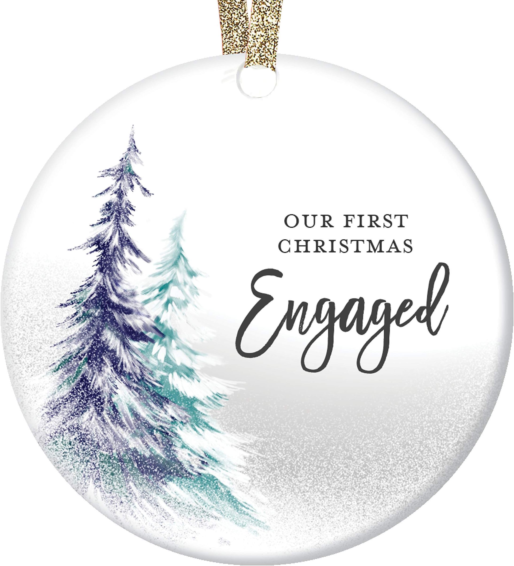 DIGIBUDDHA 1st Christmas Engaged Ornament Engagement Party Gifts for Couple, First Xmas as Fiance Fiancee Man Woman Gay Present Ceramic Keepsake 3" Flat Circle Porcelain with Gold Ribbon & Free Box