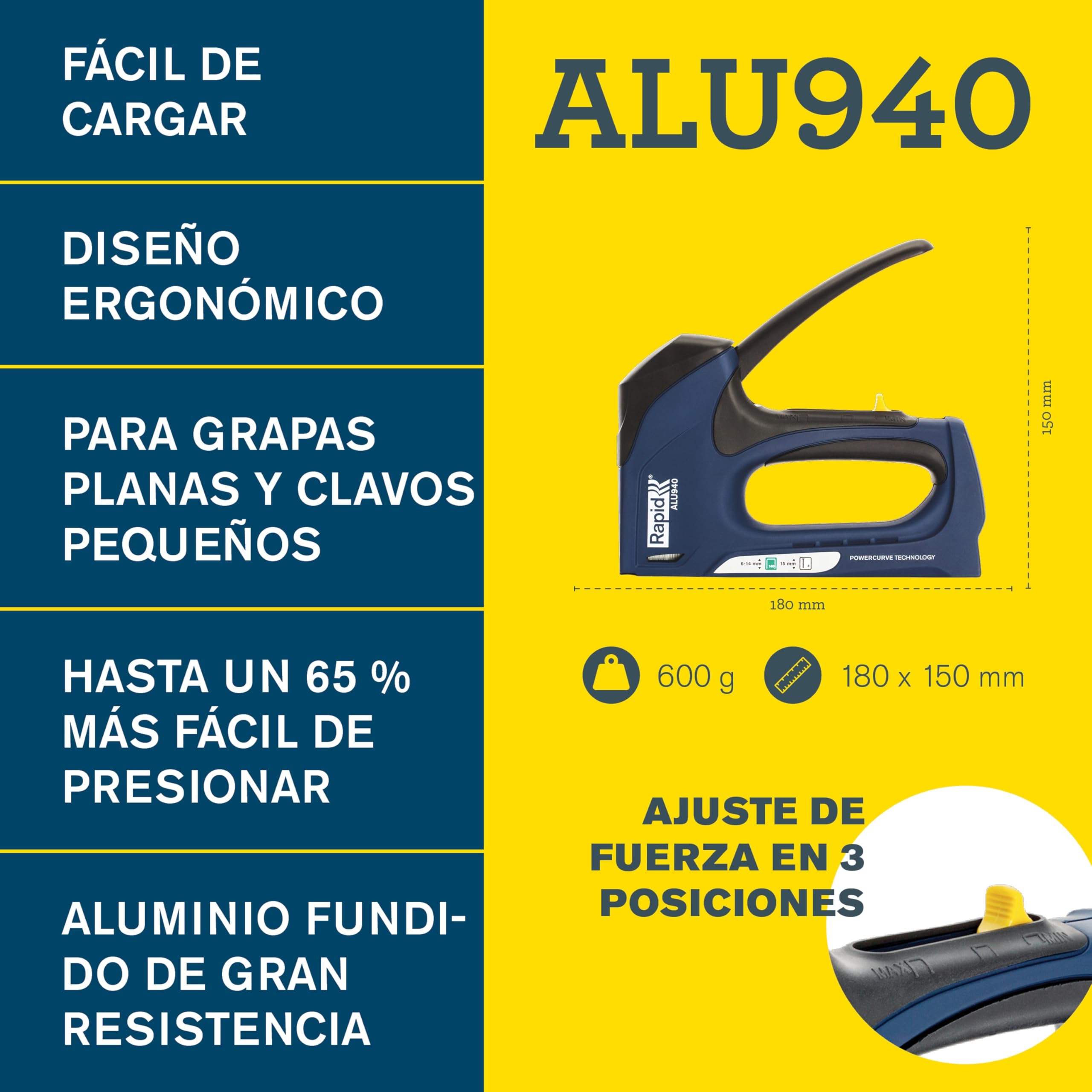 Rapid Grapadora Dual Profesional ALU940 para Grapas No. 140 Grapadora Manual con 3 Posiciones Ajustables, Tecnología Powercurve y Empuñadura Ergonómica (5001680)