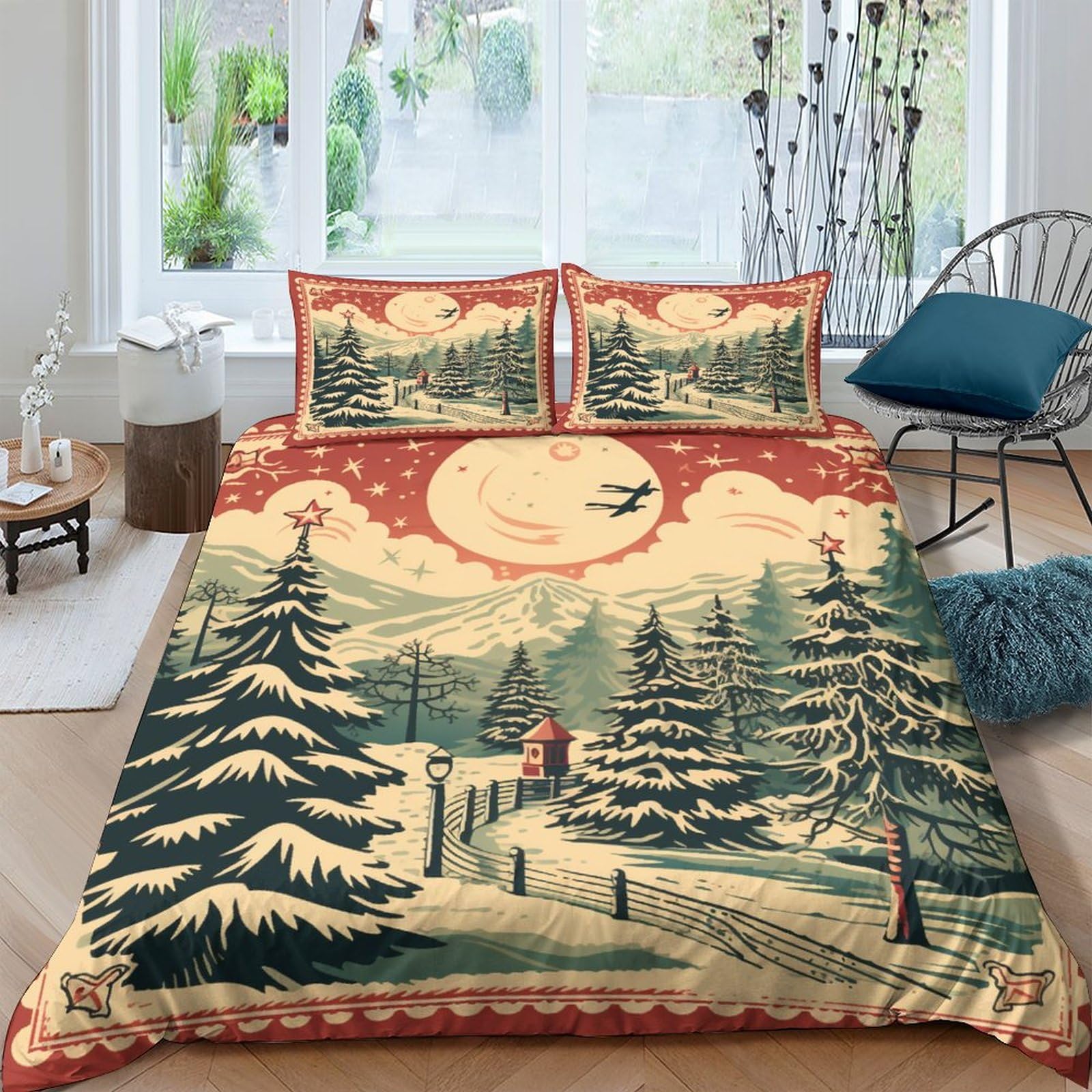 Housse de couette Noël 3D imprimé timbre vintage 3 pièces pour lit double