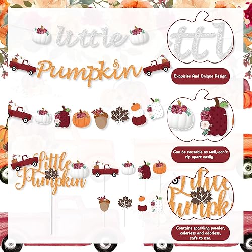 Miniatura 3 de K KUMEED Decoraciones de fiesta de calabaza pequeña, pancarta de calabaza roja y blanca, hojas de otoño, calabaza, camión, decoración de pastel,