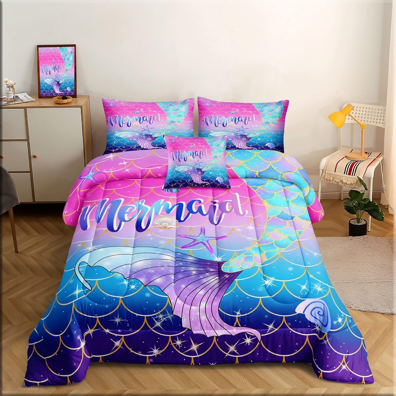 ROWADALO 6 Pieces Mermaid Scale Glitter Comforter Set Fish Scale Shell Starfish Girls Bedding Set,Gradient Blue Pink Purple Mermaid Tail Bed in A Bag Full Size Complete Set for Girls Bedroom,MRY501-F