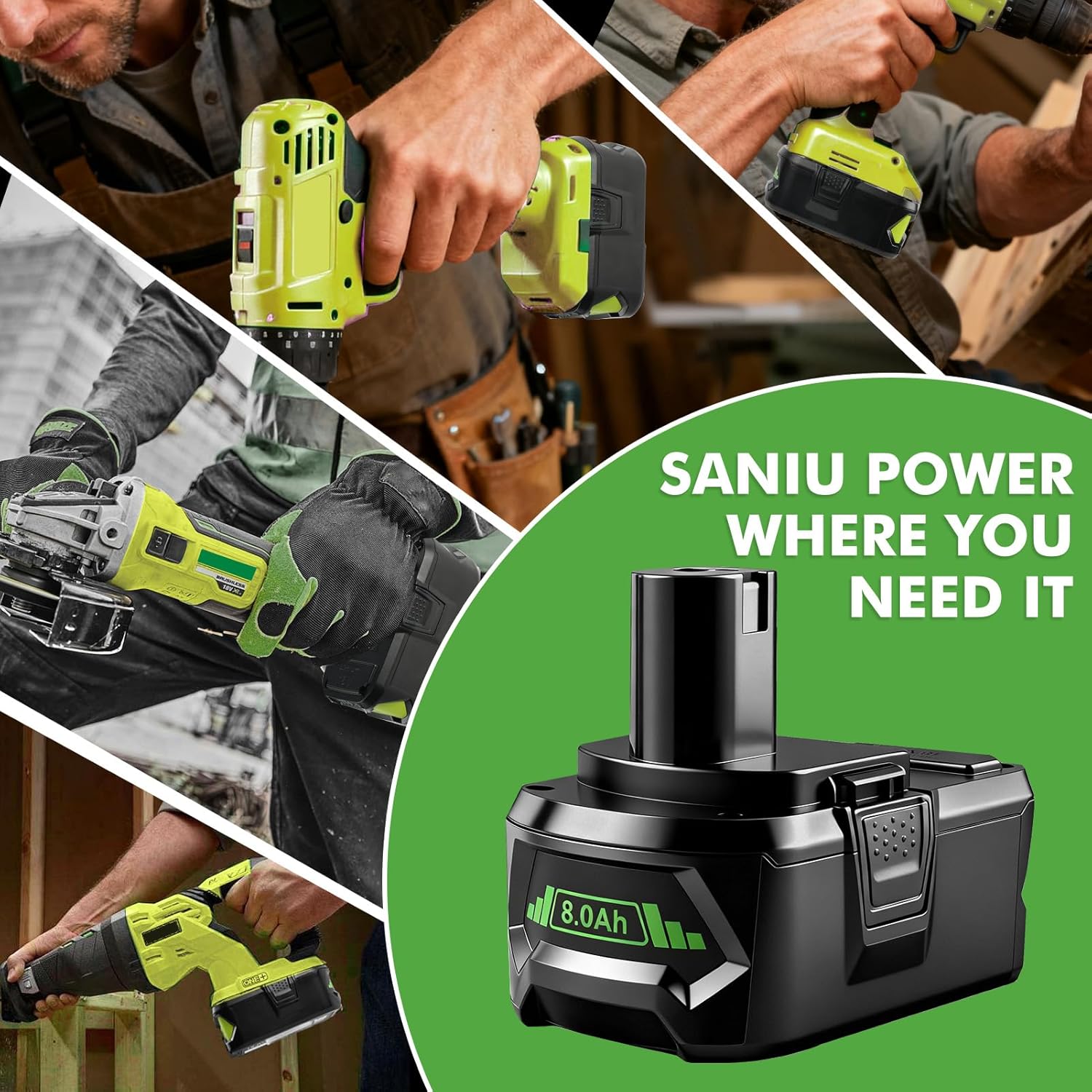 SANIU 8.0-Ah Replacement for Ryobi 18V Battery P108 Lithium ion ONE + 18-Volt Batteries P104 P105 P102 P103 P122,2Pack