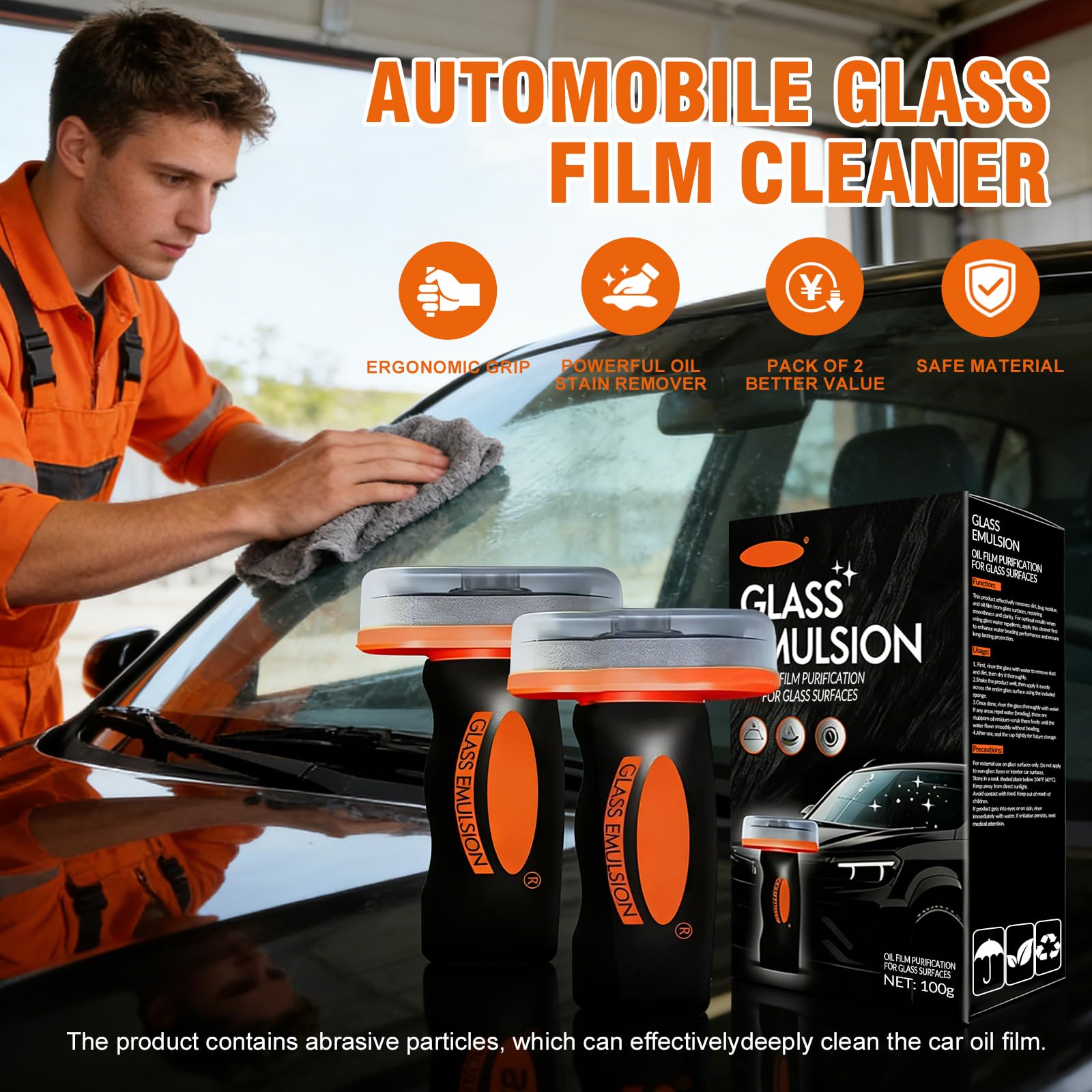 Glass Emulsion Cleaner & Glass Oil Film Remover for Cars – Roll-On Glass Guard with Brush, Removes Oil, Grease & Fog, Anti-Fog Windshield Cleaner for Clear Driving Visibility (Orange) — view 7