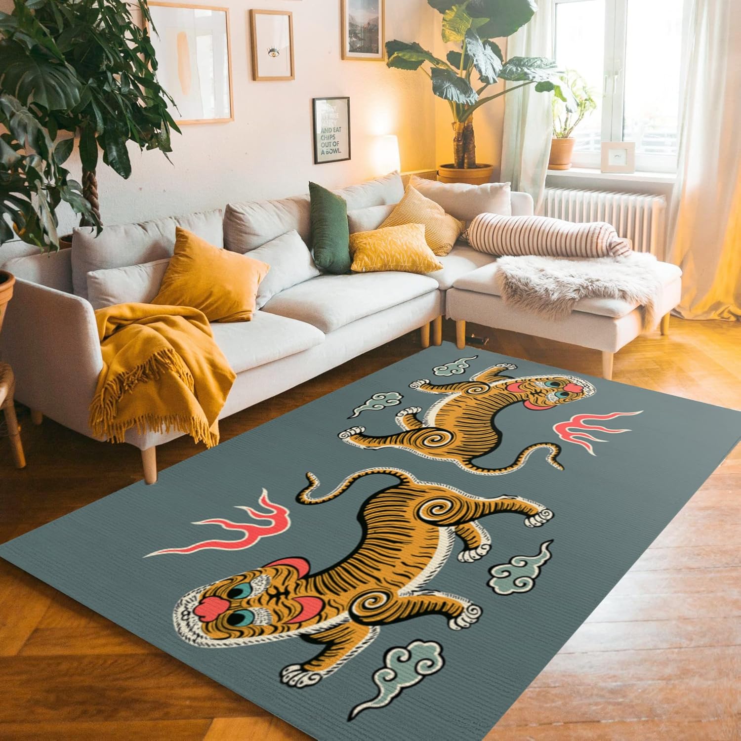 Tibetan Tiger and Floral Area Rug NonSlip Floor mat, Fun