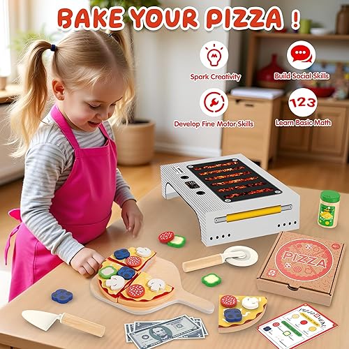 Miniatura 2 de Juguete de pizza de madera, juego de 50 piezas de comida con horno, juguete Montessori para niños de más de 3 años, regalo educativo de cumpleaños