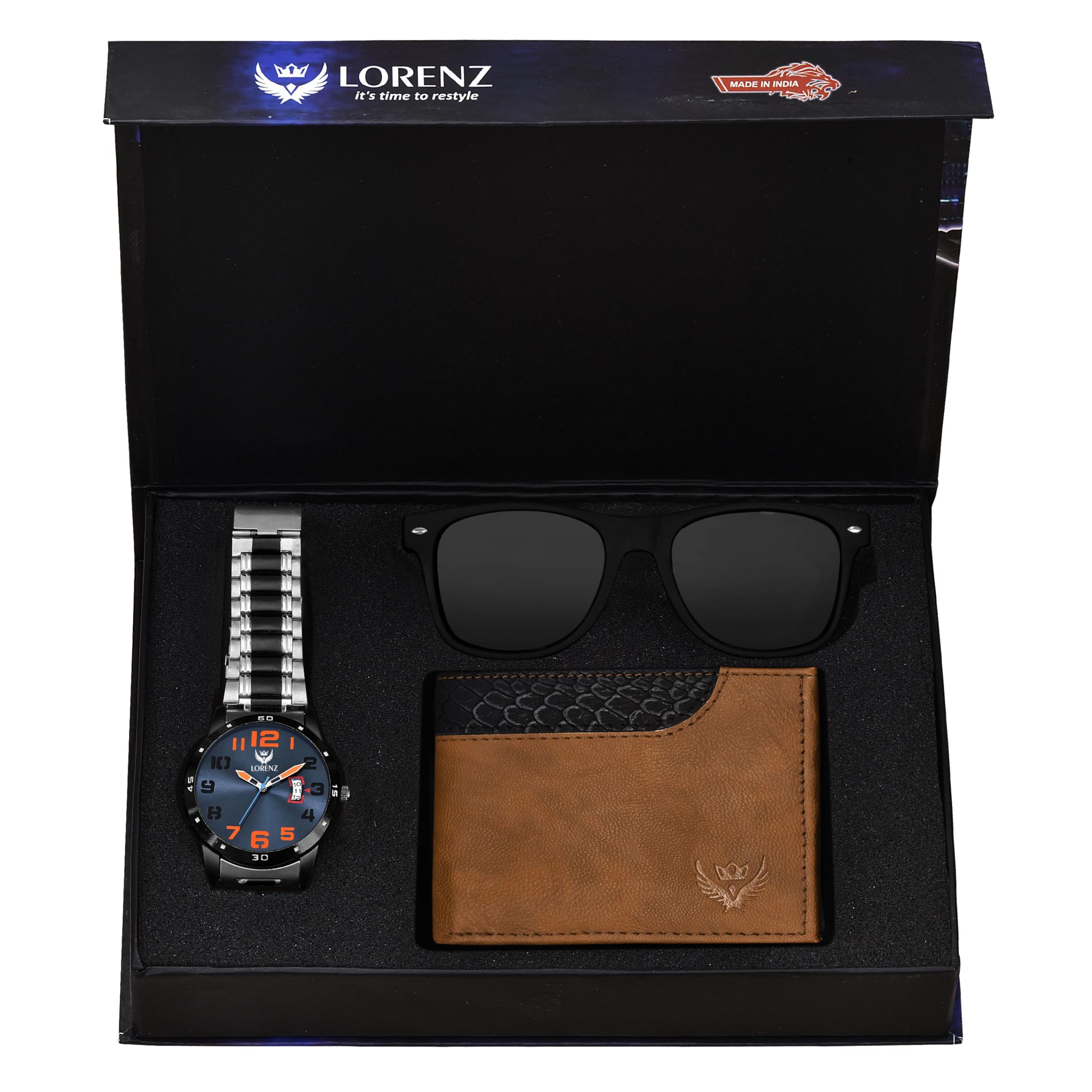LORENZ Combo of Mens Blue Dial Watch, Brown Wallet & Black Black Sunglasses | CM-3048SN1-WL-29 (B08DG4CBKS) Amazon Price History, Amazon Price Tracker