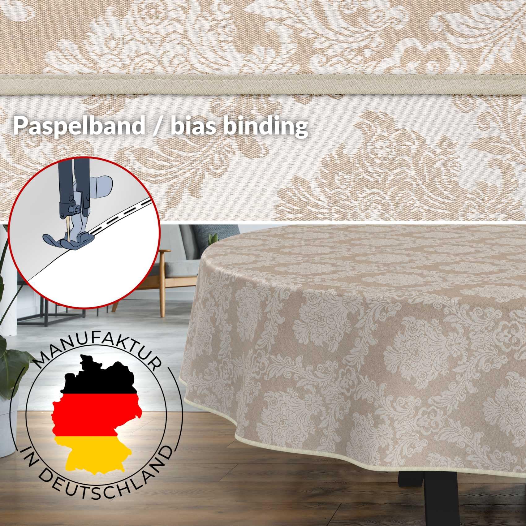 ANRO Mantel de Mesa Tela 70% Algodón 30% Poliéster Lavable Ornamento Damasco Jacquard Beige Borde Cortado 260x140 cm