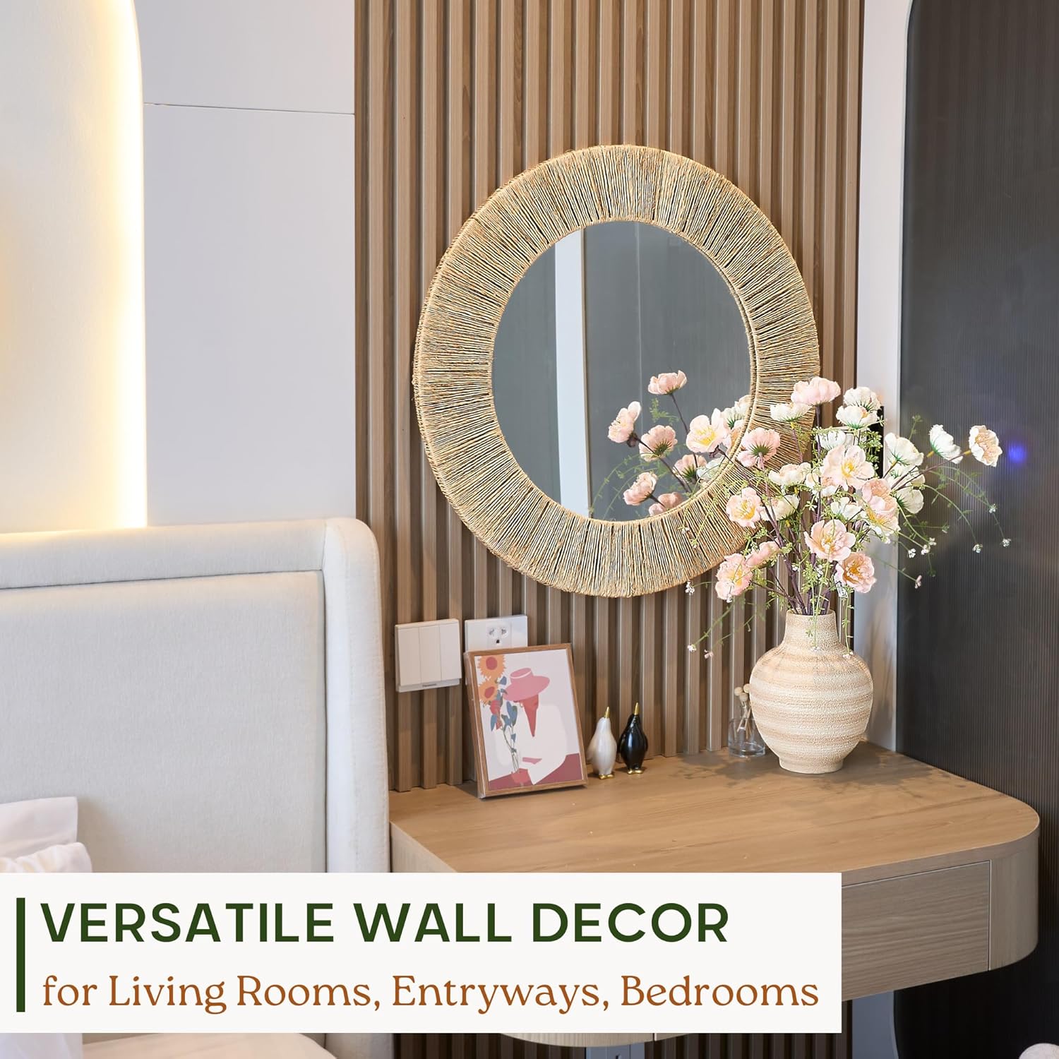 24 Inch Natural Jute Mirror, Wall Mounted Round Mirror with Metal Frame, Wall Decor Rustic Farmhouse Boho Decor Accent for Bathroom, Bedroom, Living Room, or Entryway - Image 5