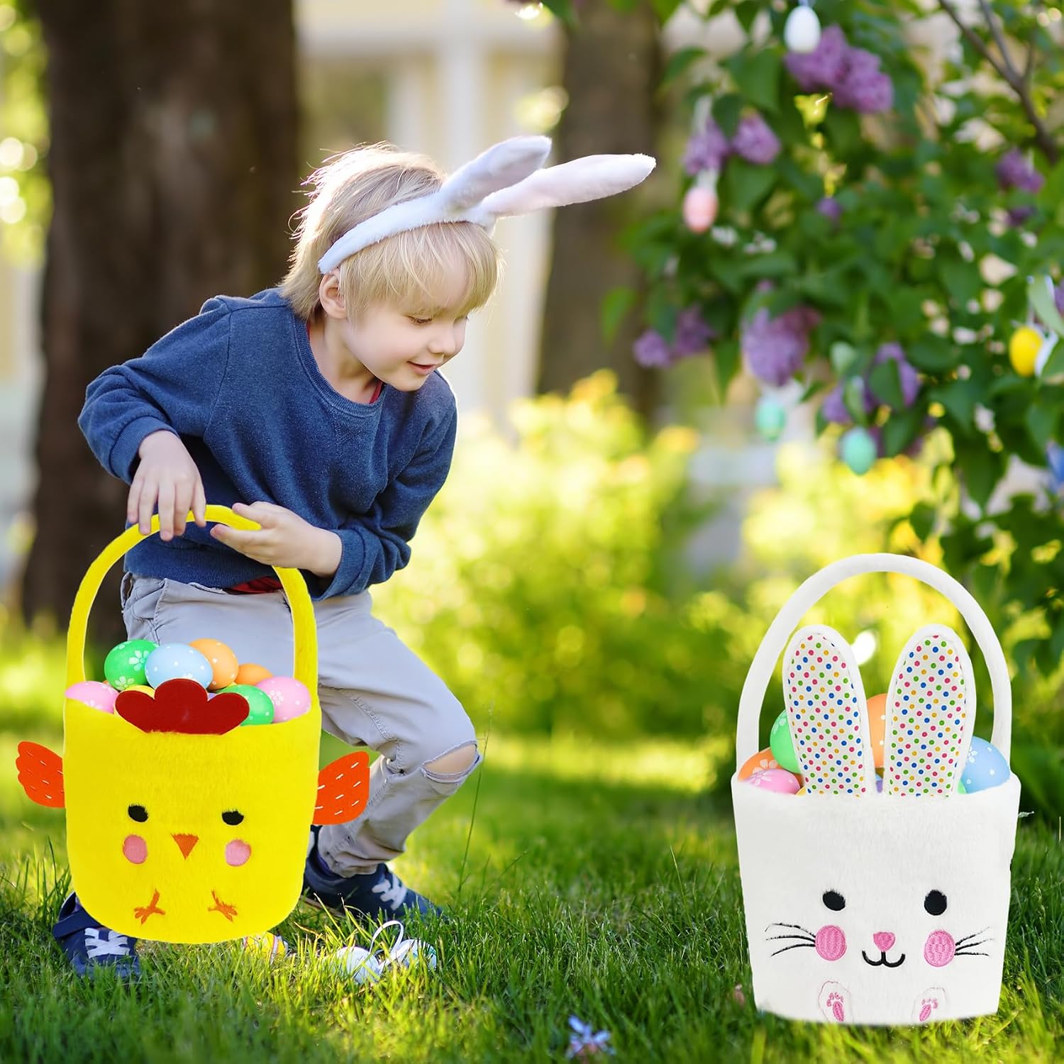 2 Pcs Easter Basket Bunny & Chick Plush Baskets Dia 8" * H 15.7", Easter Egg Hunting Basket for Kids Gifts Party Decoration Supplies
