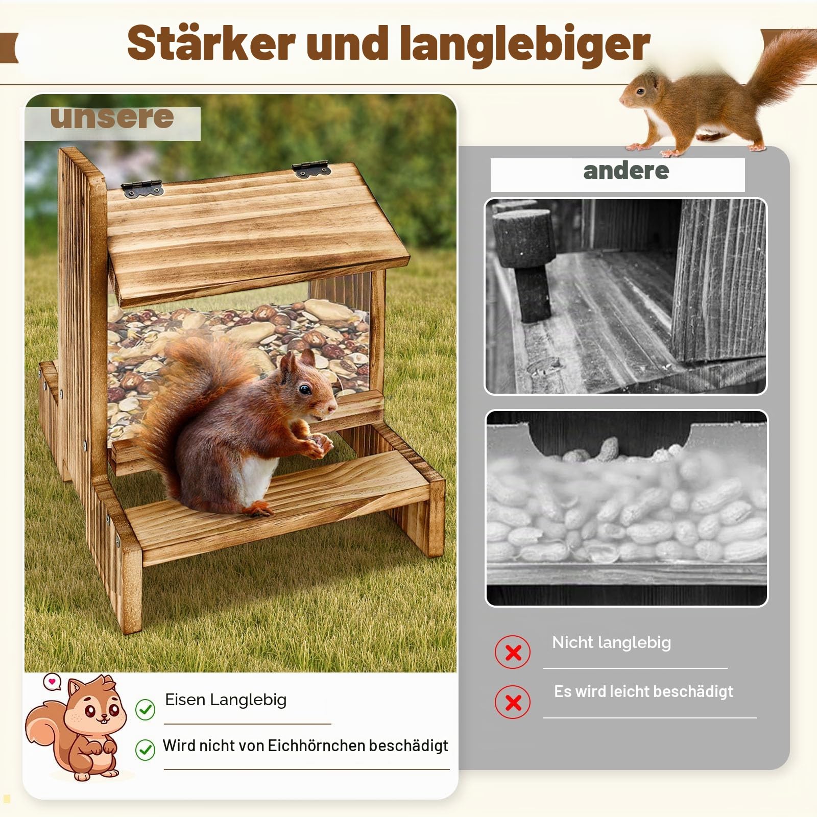 Holz Eichhörnchen Picknick Tisch Futterspender Eichhörnchen Futterspender für Draußen, Eichhörnchenhäuser für draußen Nisten, Eichhörnchen Box Streifenhörnchen Haus (1)