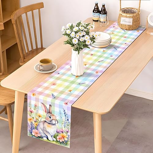 Miniatura 4 de Camino de mesa de conejito de Pascua, búfalo a cuadros de temporada, primavera, floral, fiesta, chimenea, cocina, comedor, decoración del hogar