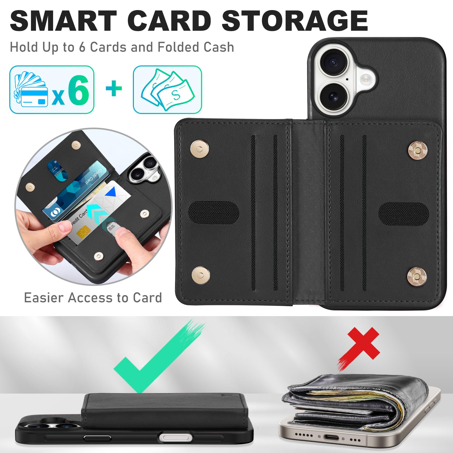 TUCCH Custodia Pelle Sintetica per iPhone 16 Pro Max (6,9) 2024, Indivisibile Cover Portafoglio [6 Slot Schede] [Blocco RFID] Chiusura Magnetica Antiurto Protezione Cover per iPhone 16 Pro Max - Nero