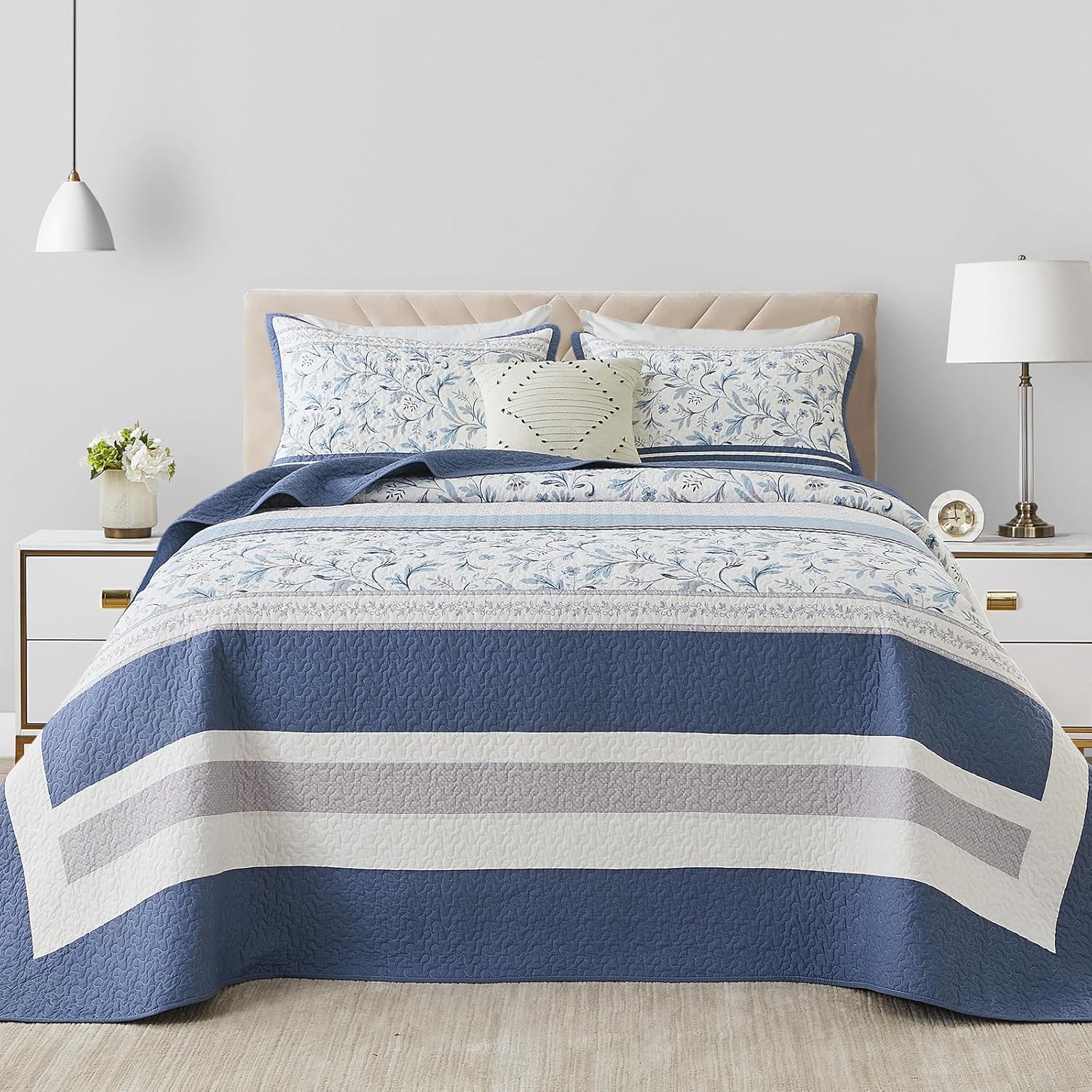 EWlinens Blue Striped Oversized Bedspreads Queen Size - 100% Cotton 102"x120" Oversized Queen Quilt Bedding Set, Farmhouse Floral Lightweight Comforter White Bed Spread for All Season, 3 Pieces