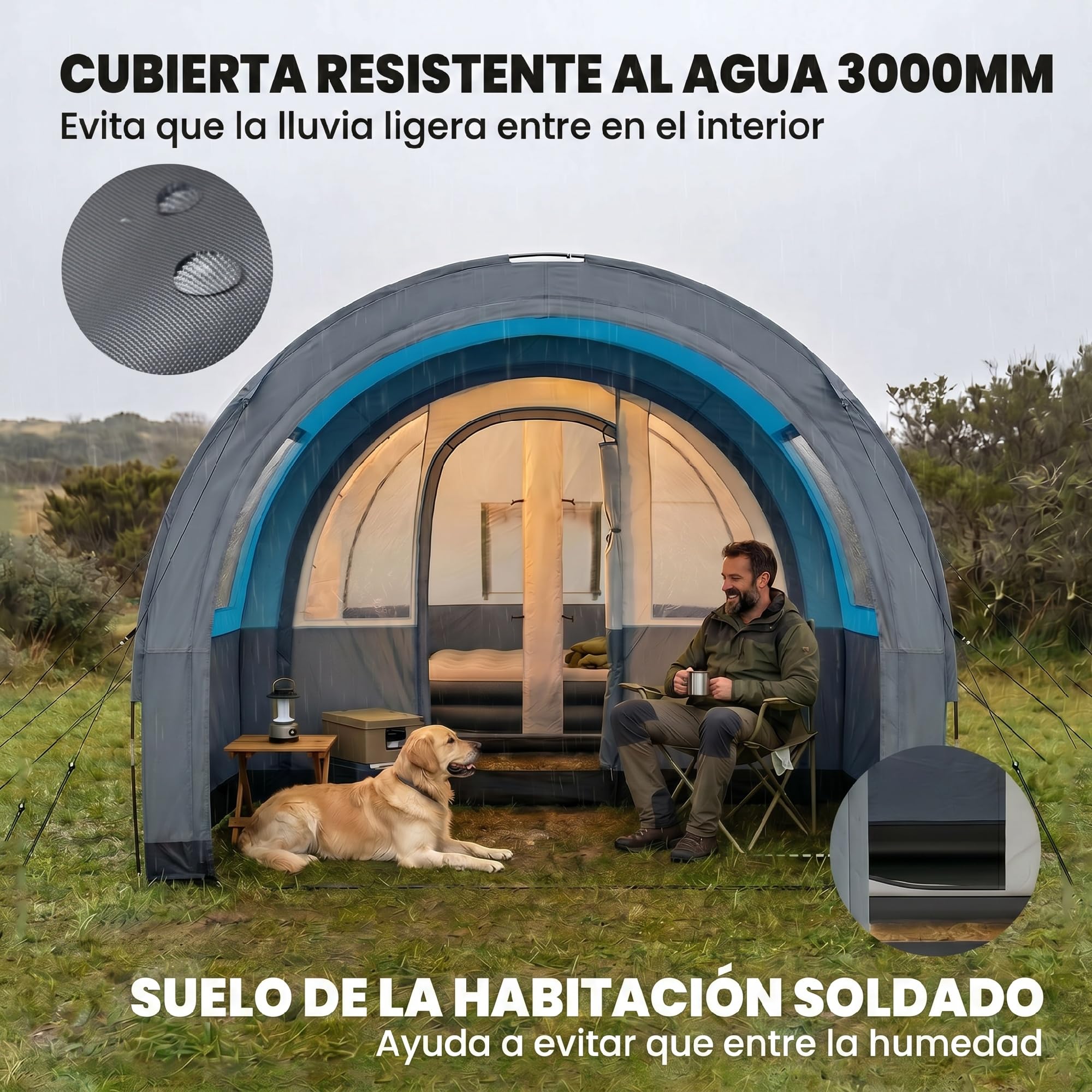 Outsunny Tienda de Campaña Familiar para 3 Personas Tienda de Camping Plegable Impermeable 3000 mm con 2 Habitaciones Puertas y Bolsa de Transporte para Senderismo 480x260x200 cm Gris