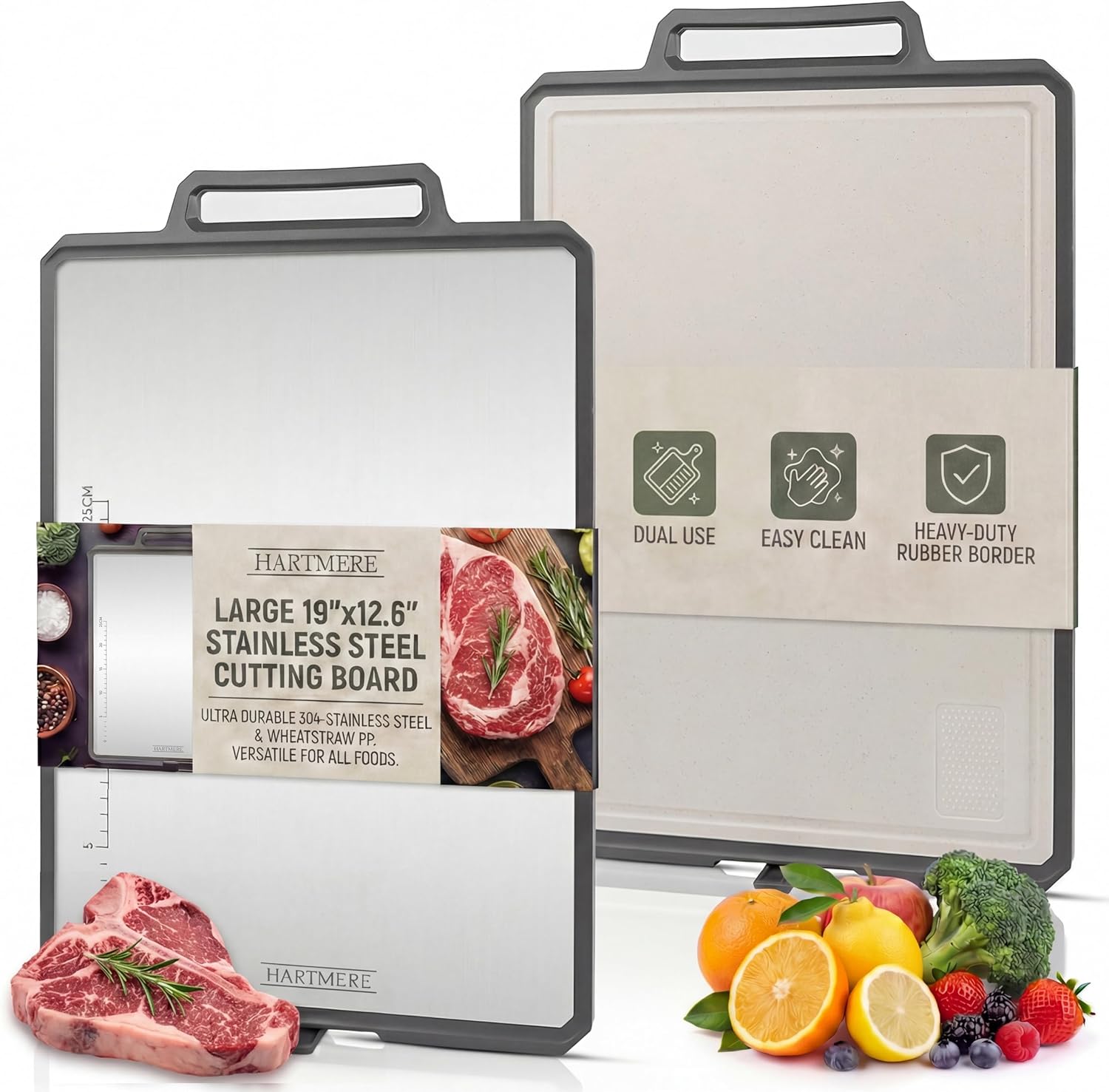 Extra-Large Stainless Steel Cutting Board 19"x12.6" – 304 Stainless Steel & Wheat Straw PP with Juice Groove, Dishwasher Safe, Built-in Handle, Designed for Meat, Fruit, & Vegetable Prep