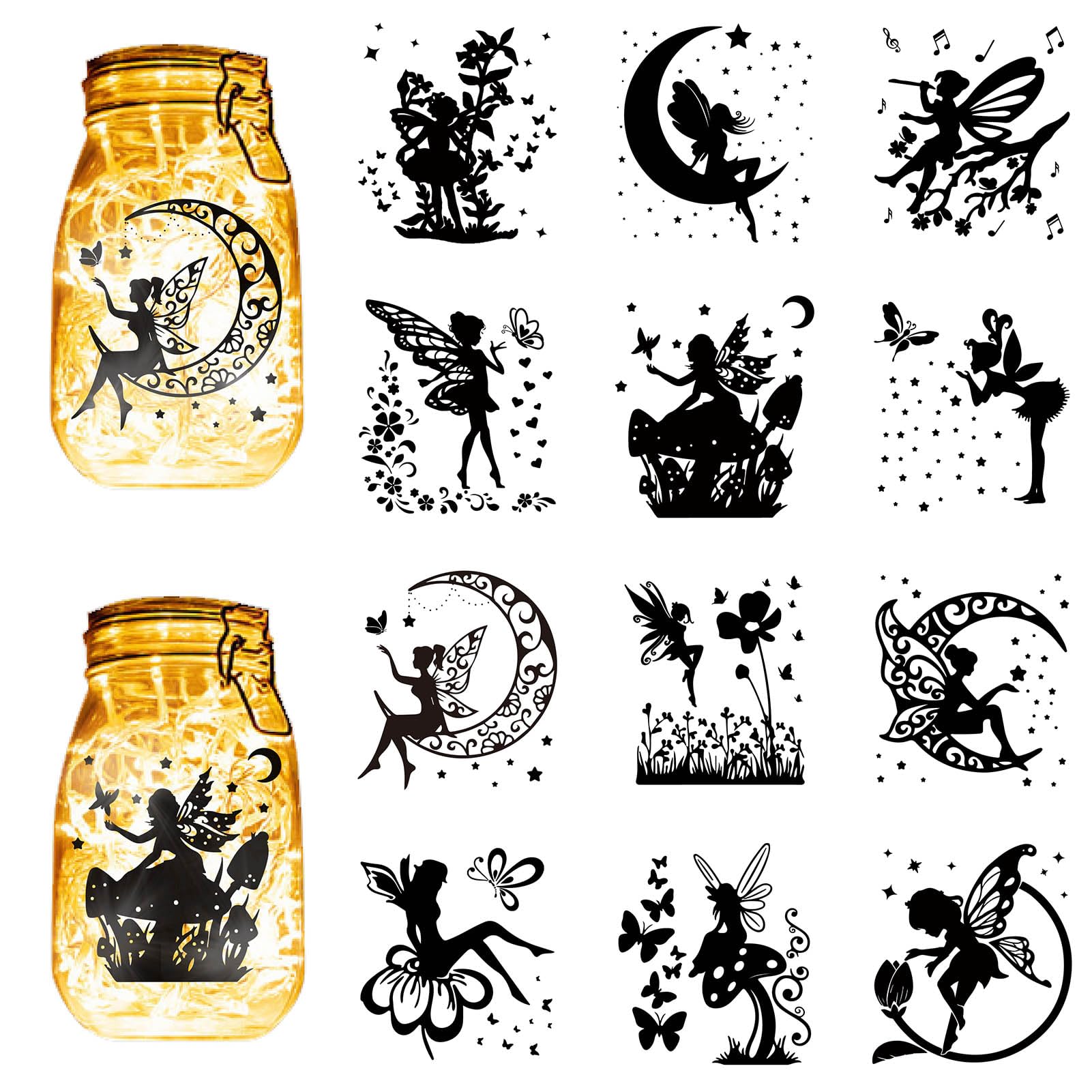 CREATCABIN 12Pcs Fairy Silhouettes Mason Jar Decor Angel Lantern Laser Cutouts Ornaments PVC Scrapbook Embellishment for Wall Window Glass Cars Decor DIY Craft Gift Xmas Black 3.9x3.5Inch(No Sticker)