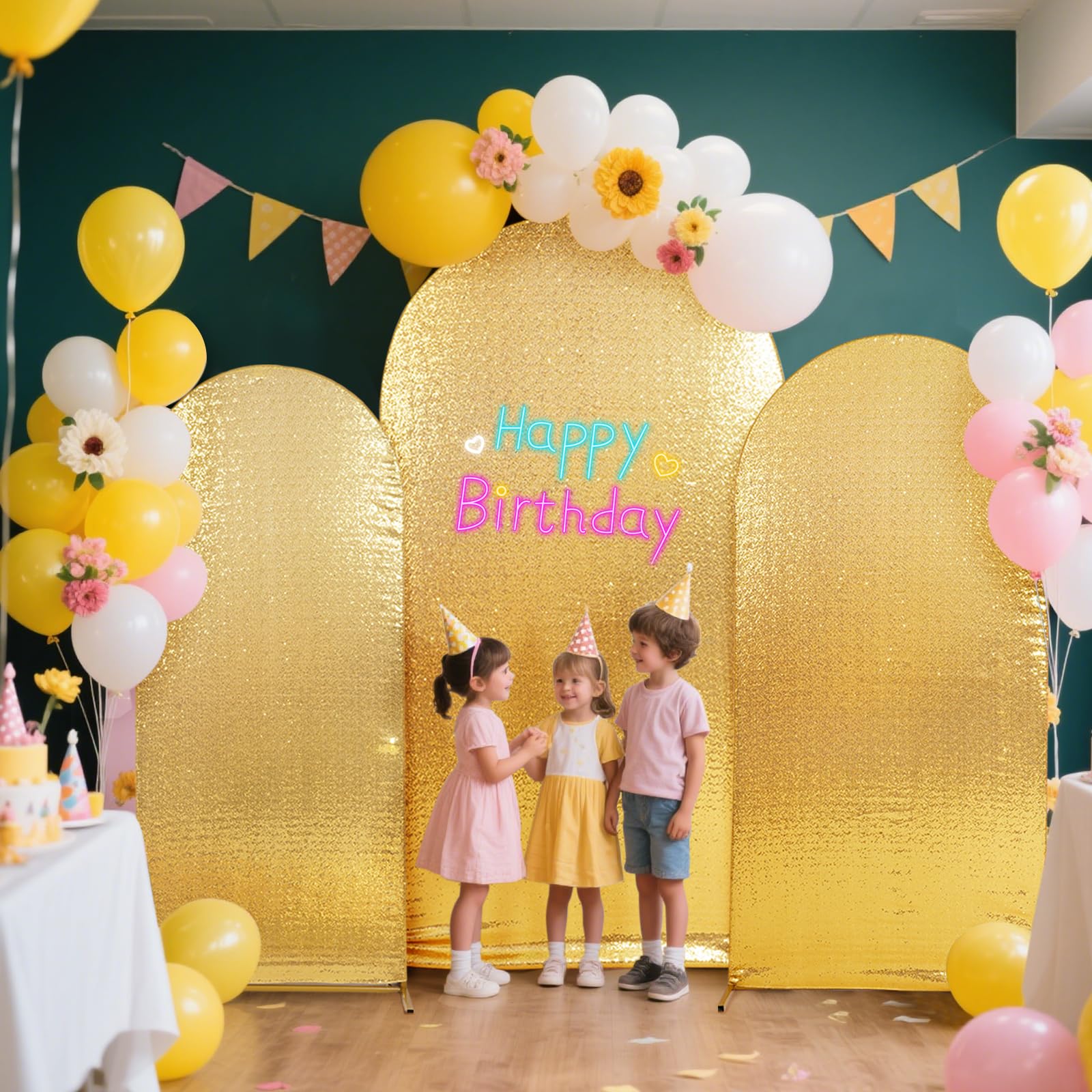 SquarePie Copertura per sfondo ad arco da 2,5 m, con paillettes dorate, top rotondo Chiara spandex elastico brillante copertura per matrimoni, feste di compleanno, banchetti