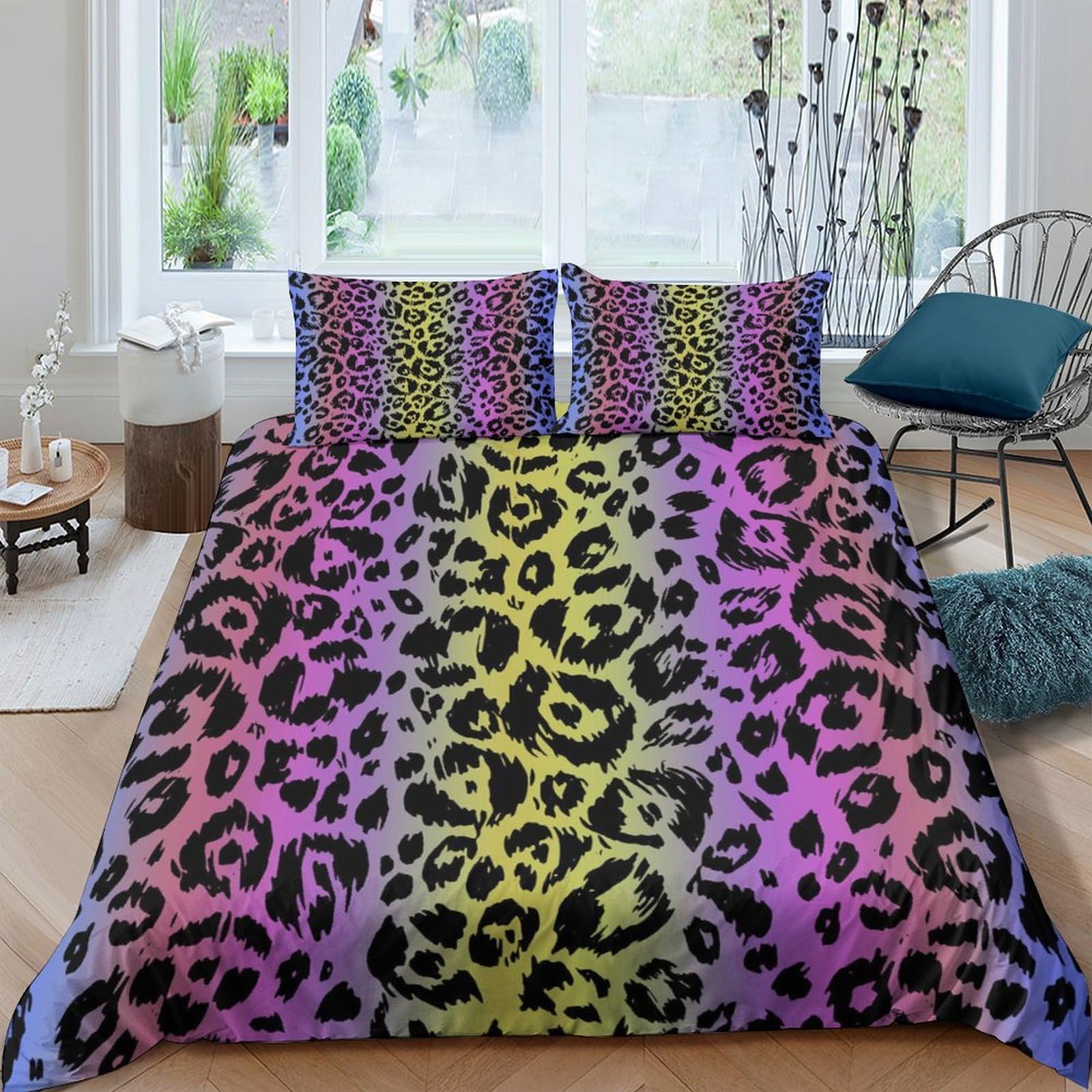 GPLZQXKJNH 3D Printed Rainbow Leopard Duvet Cover Set Microfiber Soft Breathable Ombre Animal Print Bedding Set with 2 Pillowcases for Bedroom Decor, Single（135x200cm）