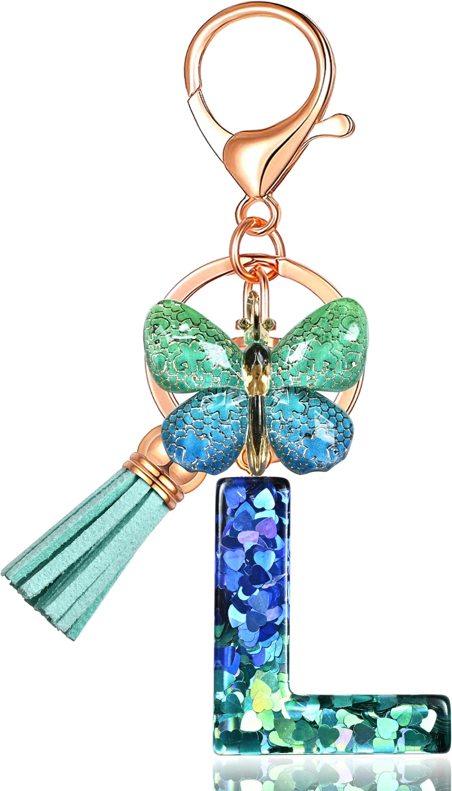 JINGUAZIInitial letter Keychains for Women Tassel Butterfly Pink Purple Cute Car Keychain for Wallet Backpack bag charm