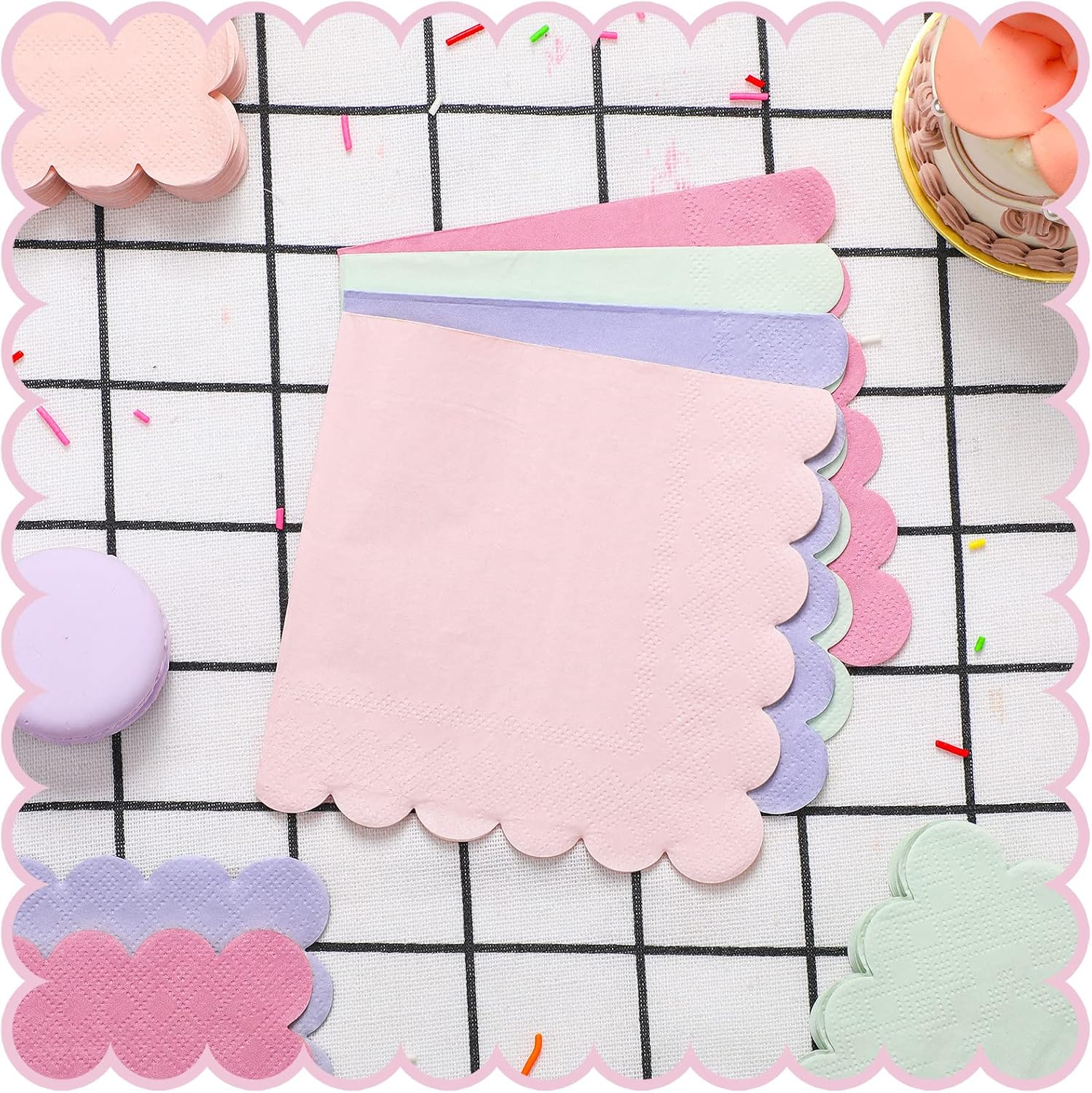 Kosiz 100 Pieces Scalloped Edged Cocktail Napkins 5 x 5" Disposable Pastel Paper Napkins Bulk for 4 Macaron Colors Wedding Shower Baby Beverage Dinner Birthday Party Home Kitchen Supplies Tableware