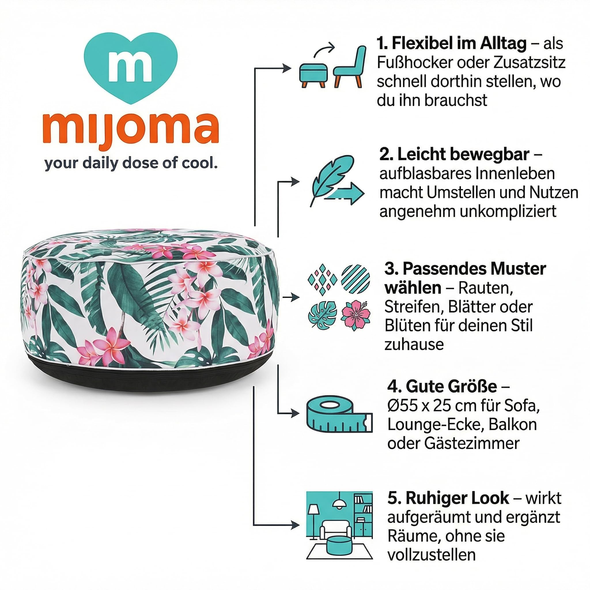 MIJOMA Pouf gonfiabile Ø 55 x 25 cm - Leaves with Flower - Poggiapiedi leggero per soggiorno e balcone - Impermeabile - Pouf e poggiapiedi