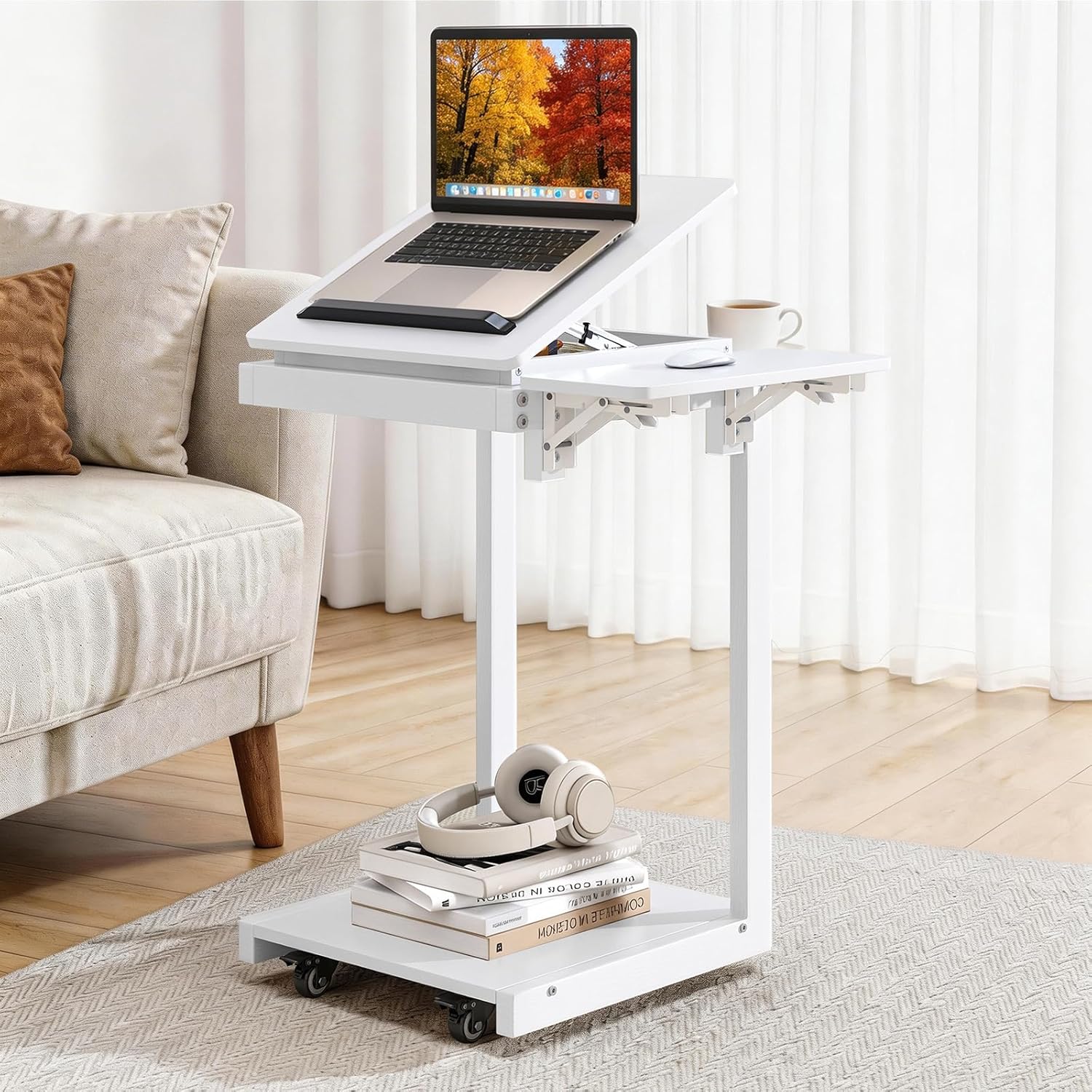 C Shaped End Table for Couch, C Side Table with Convertible Desktop, Folding Tray & Lockable Wheels, 360° Swivel TV Tray Table, Couch Tables That Slide Under, for Living Room, Bedroom, Sofa, Oak