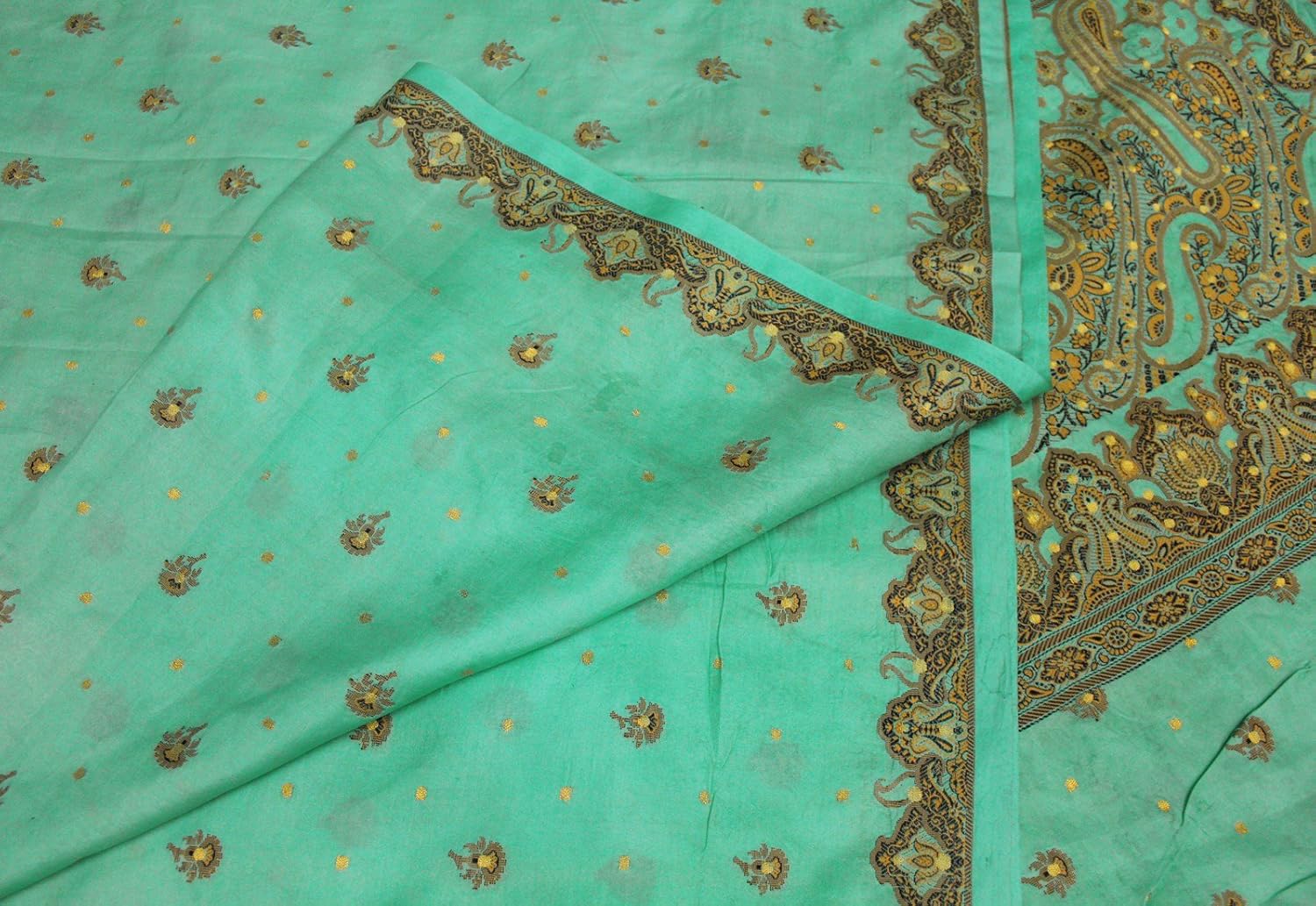 100 Pure Silk Vintage Sea Green Sari Floral Woven Indian