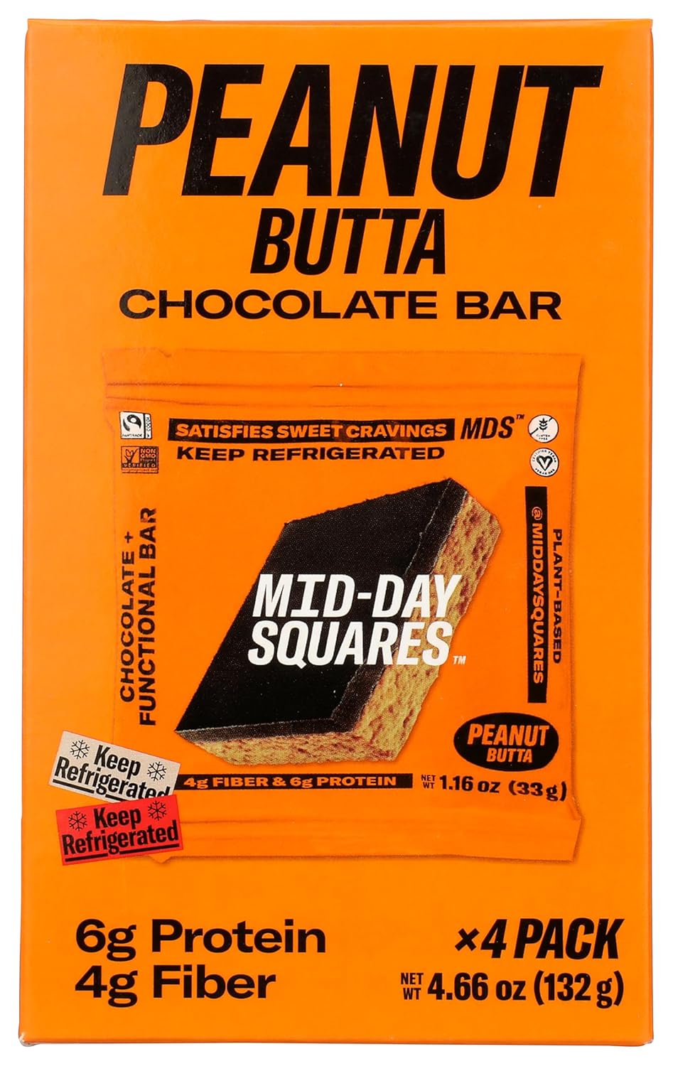 Mid-Day Squares, Functional Plant Based Chocolate Bar, Peanut Butta, 4 Pack Mid-Day Squares, Functional Plant Based Chocolate Bar, Peanut Butta, 4 Pack
