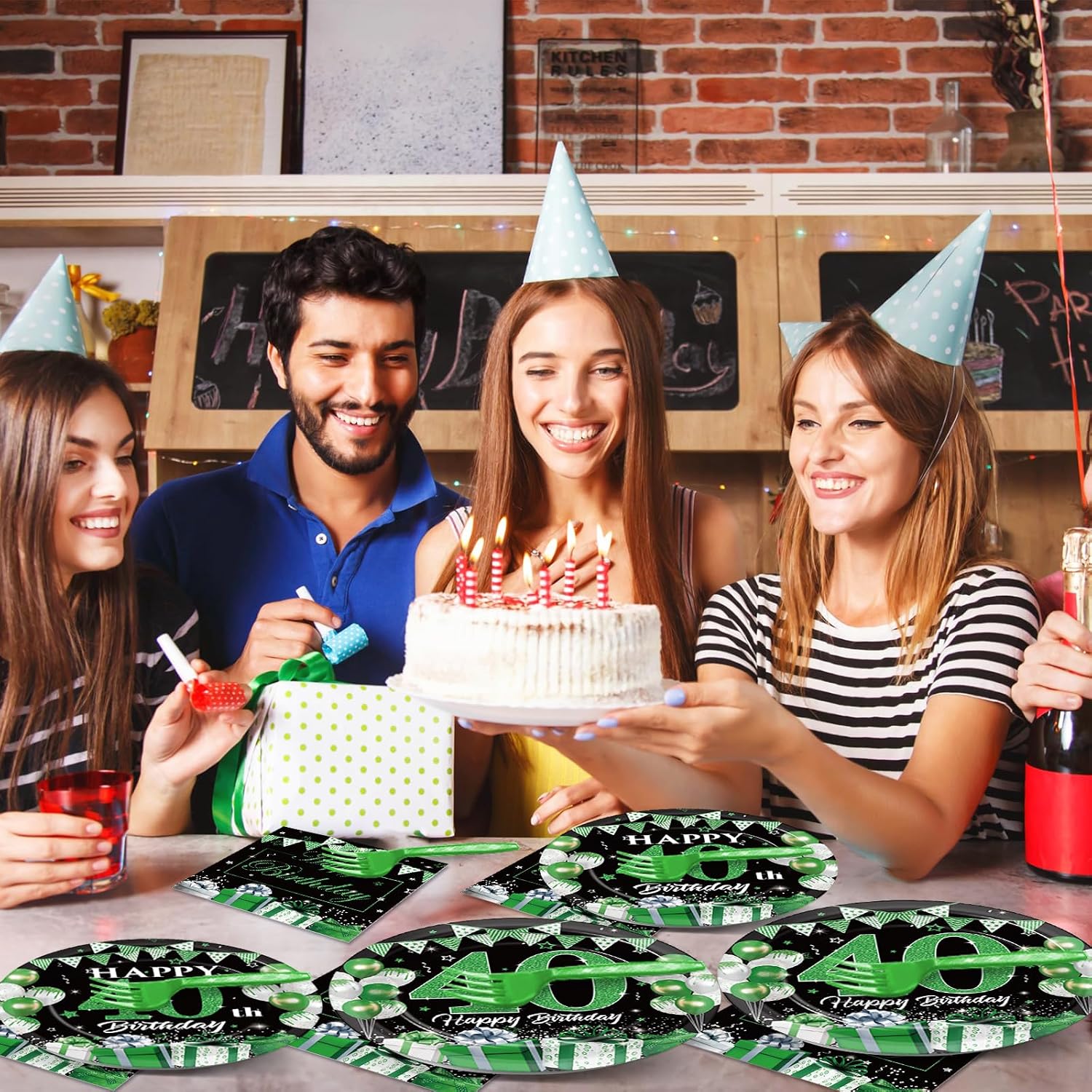 OBUSATT 96Pcs 50th Birthday Party Supplies - Green & Silver 50th Happy Birthday Paper Plates, Napkins, Decorations, Dinnerware, Party Favors - Serves 24