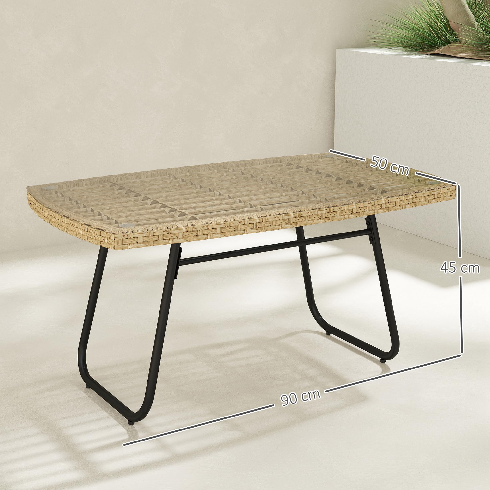 Outsunny Table d'appoint de Jardin en résine tressée 90 x 50 x 45 cm Table Basse rectangulaire Plateau Verre trempé résistante aux UV Structure Acier