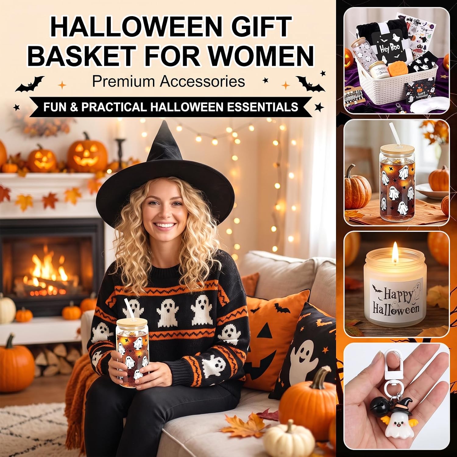 19PCS Boo Basket Stuffers for Women Halloween Gifts Basket Spooky Boo Baskets for Women with Blanket, Glass Cup, Scented Candle, Jewelry, Accessories, Halloween Gifts for Adult