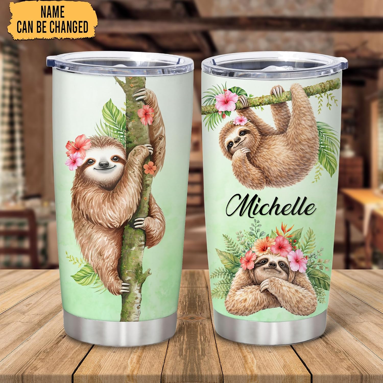 Hyturtle Personalized Gifts For Sloth Lover - Sloth Print Custom Name Stainless Steel Tumbler 20oz With Lid - Idea Animal Lover Gifts For Women Girl On Birthday, Christmas
