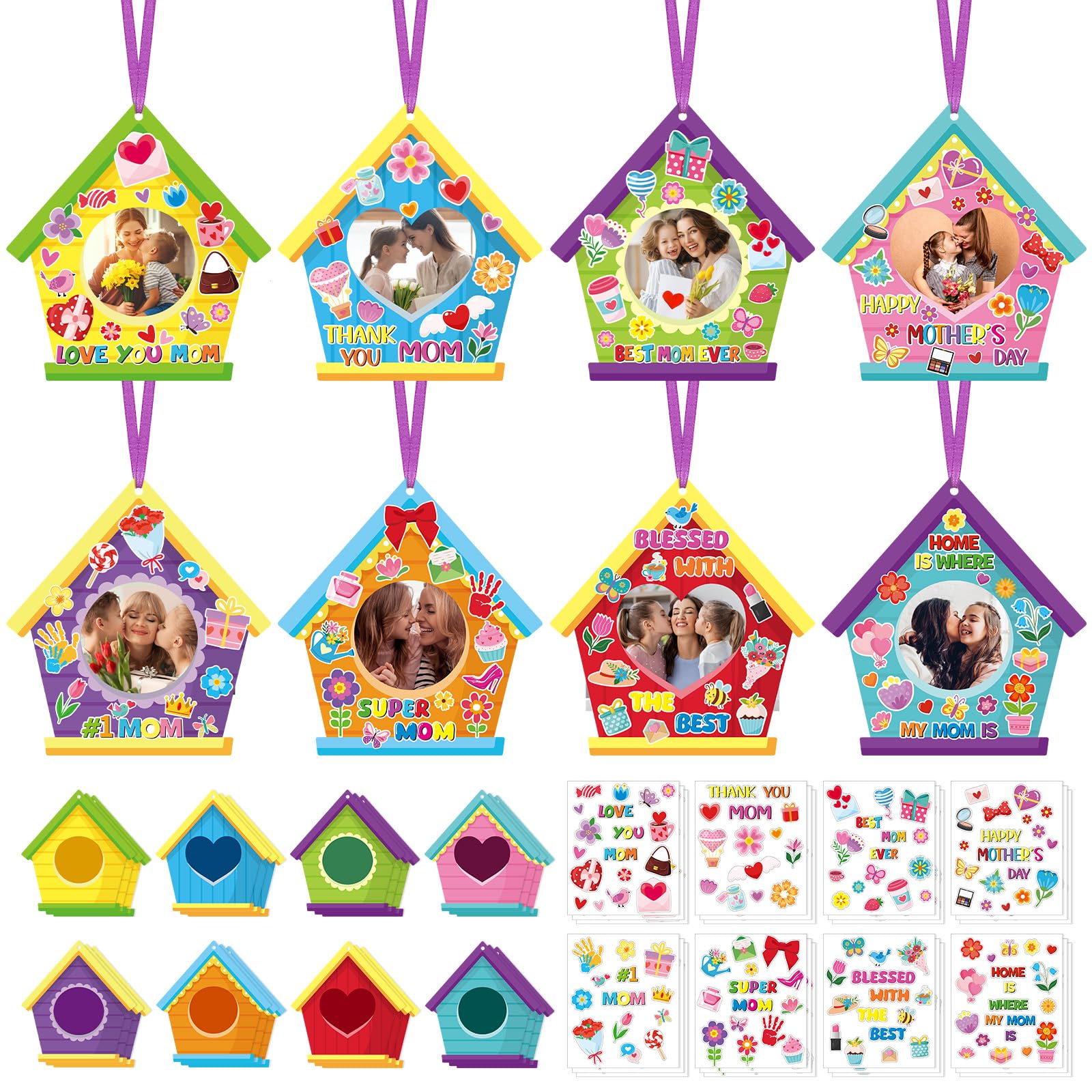 Dianelhall 24 Sets Picture Frame Craft Kit Photo Crafts Picture Frames Gift with Stickers for Classroom Holiday Party Activities(House)