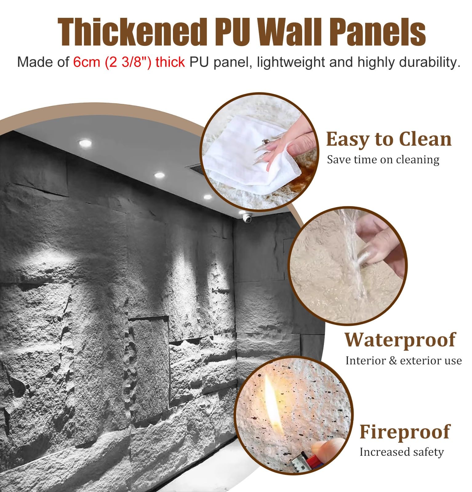 Paneles de pared de piedra sintética 3D, revestimiento decorativo de 60 mm de grosor para paredes interiores, ideal para sala de estar, dormitorio, decoración de hotel