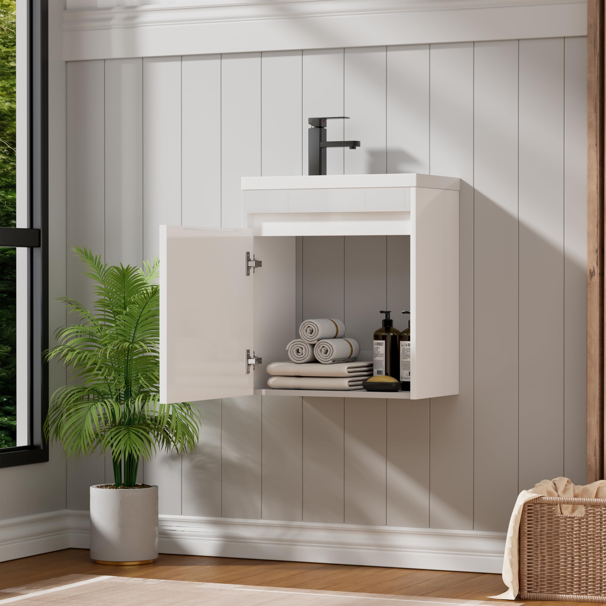 UEV Mobile da Bagno Sospeso 50 cm con Lavabo in Resina, 3-in-1 Set Arredo Bagno con Rubinetto Efficiente, Scarico POP-UP, Mobiletto con Ampio Spazio di Archiviazione