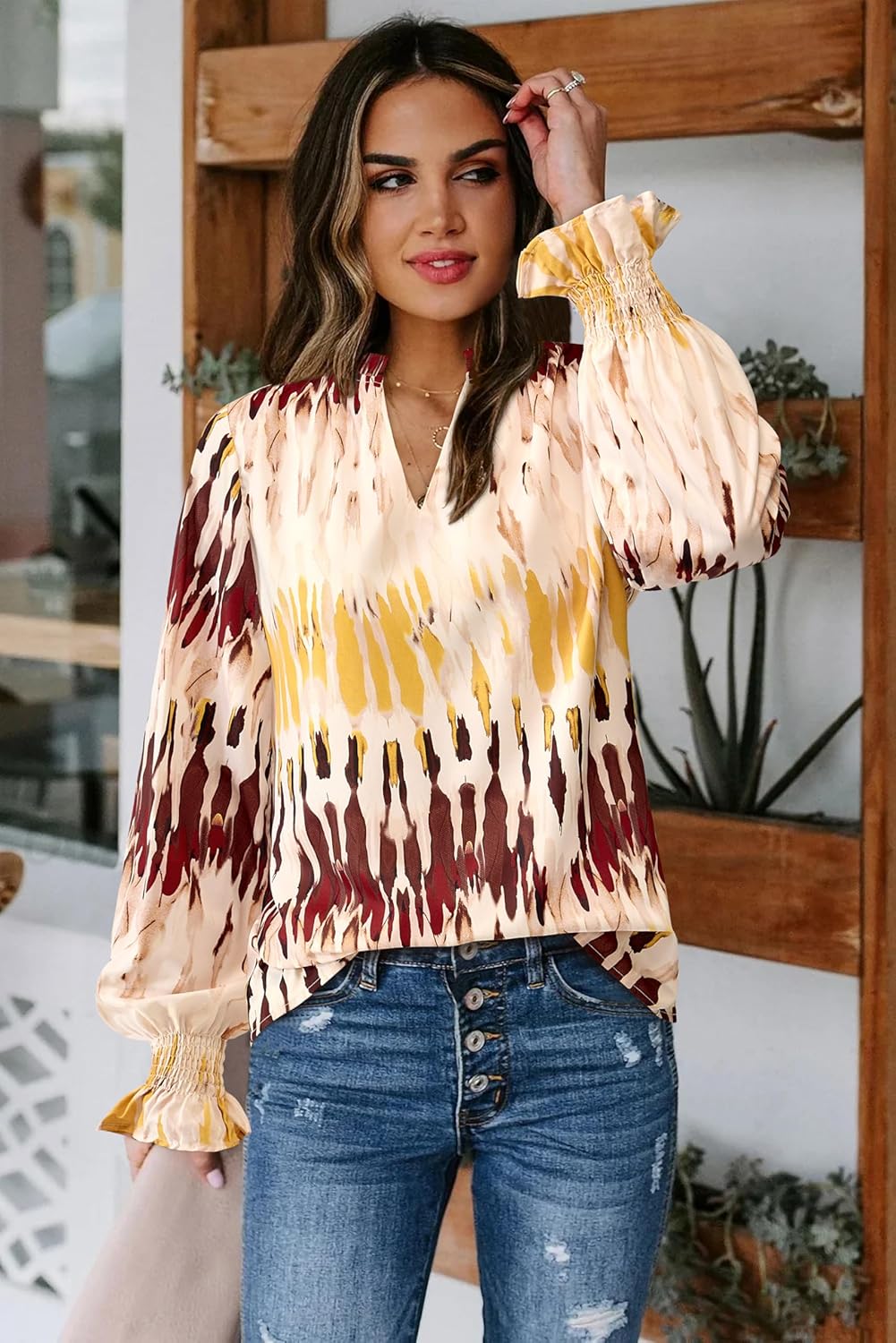 MASCOMODA Womens V Neck Floral Long Sleeve Tops 2026 Summer Casual Loose Puff Sleeve Chiffon Boho Work Blouse Dressy T Shirts - Image 3