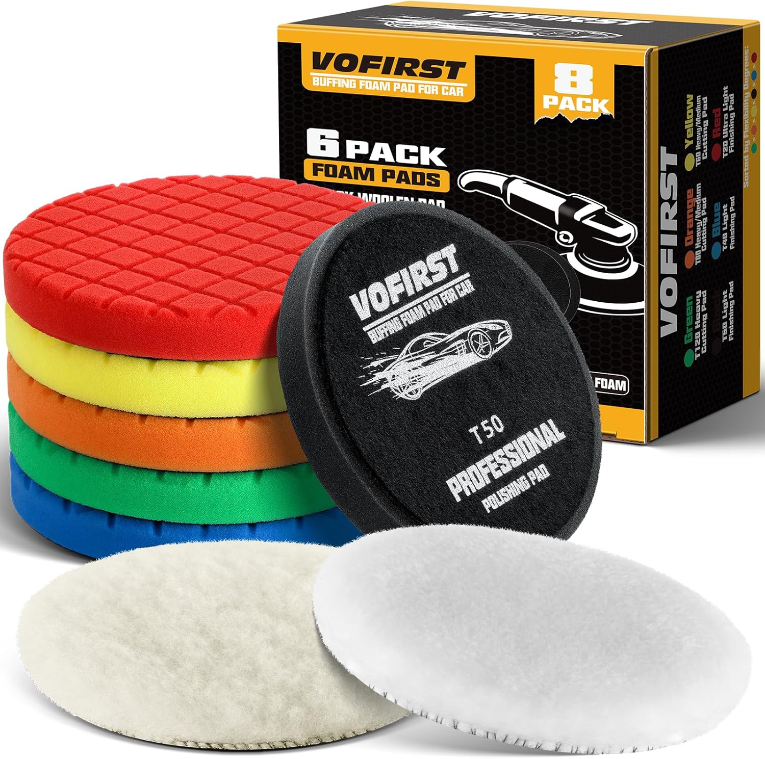 Buffing Polishing Pads, 8Pcs 7.5 Inch 190mm for 7 Inch Backing Plate, Compound Buffing Sponge Pads and Woolen Pads Cutting Polishing Pad Kit for Car Buffer Polisher & Waxing