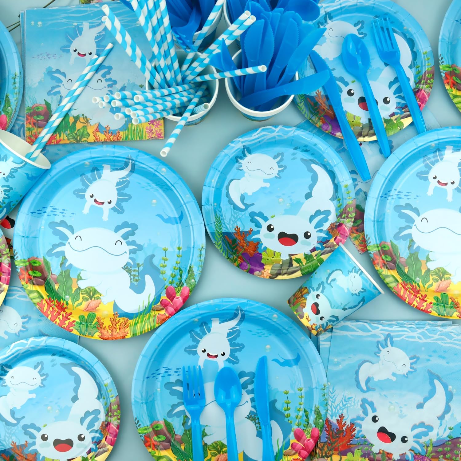 KEFAN Blue Axolotl Birthday Party Decorations, Axolotl Theme Party Tableware Supplies including HAPPY BIRTHDAY Banner, Plates, Cups, Napkins, Tablecloth, Balloons for Axolotl Birthday Party, Serves 20 - Image 5