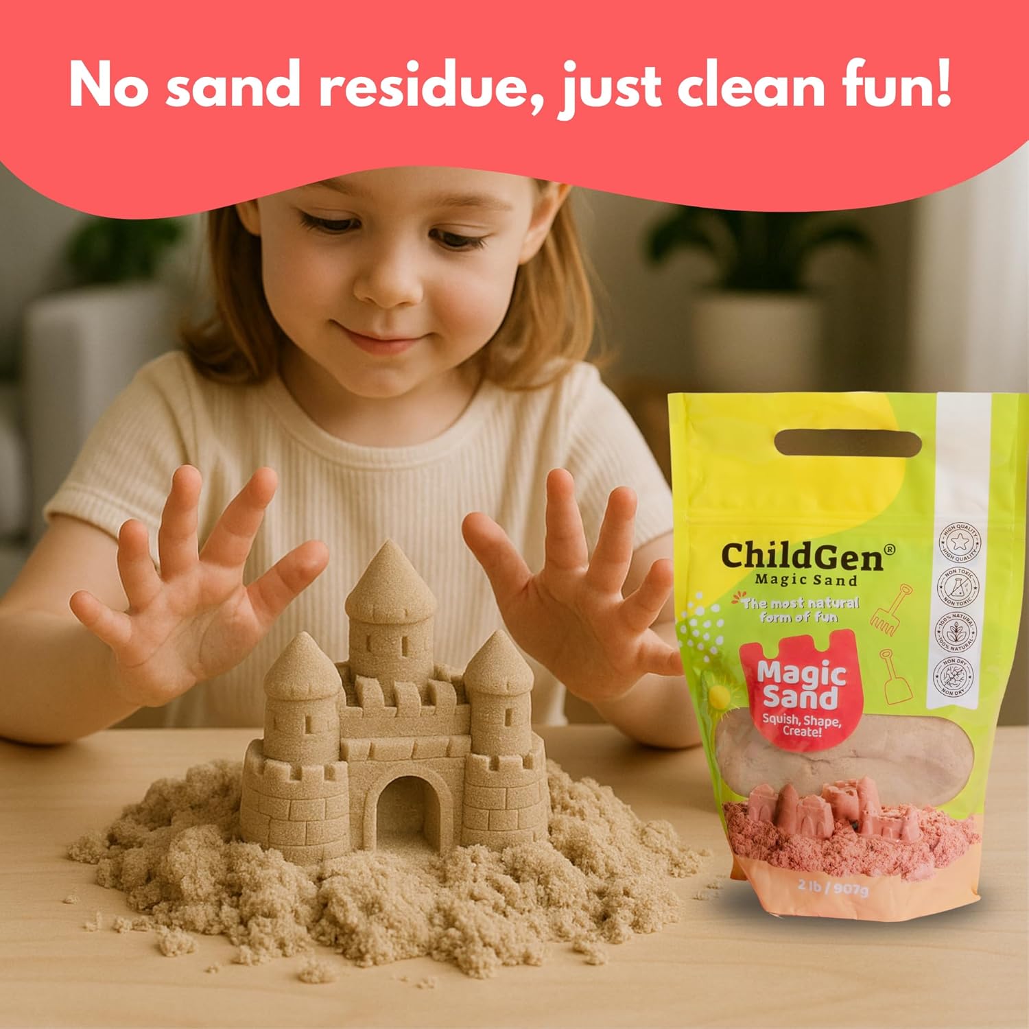 ChildGen Magic Sand, 2lbs Natural Sea Sand in Resealable Bag, Non-Toxic Play Sand for Kids, Soft, Moldable, Mess-Free Sensory Play