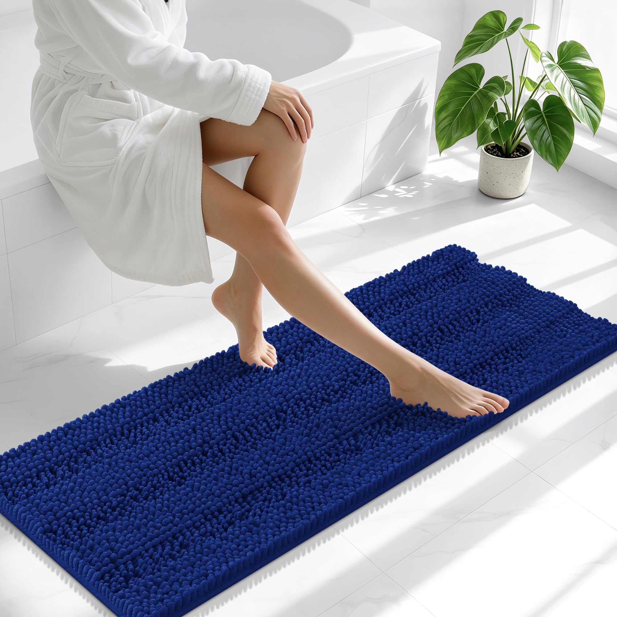 Smiry Thick Chenille Bathroom Runner Rugs 47x17, Absorbent Bath Mat, Navy