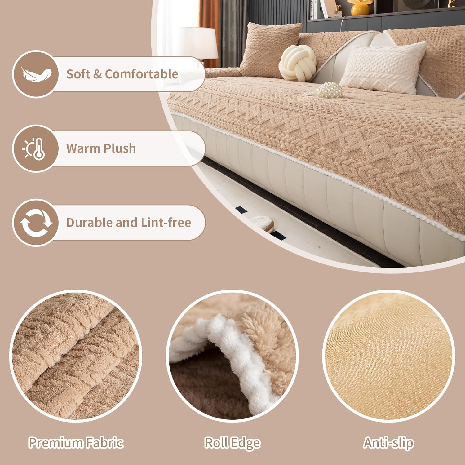 Geometric Jacquard Plush Warm Sofa Couch Cover, Soft Funny Fuzzy Couch Covers, Non Slip Sectional Sofa Slipcover, Cozy Washable Furniture Protector for Kids, Pets (Khaki, 36"x 71")