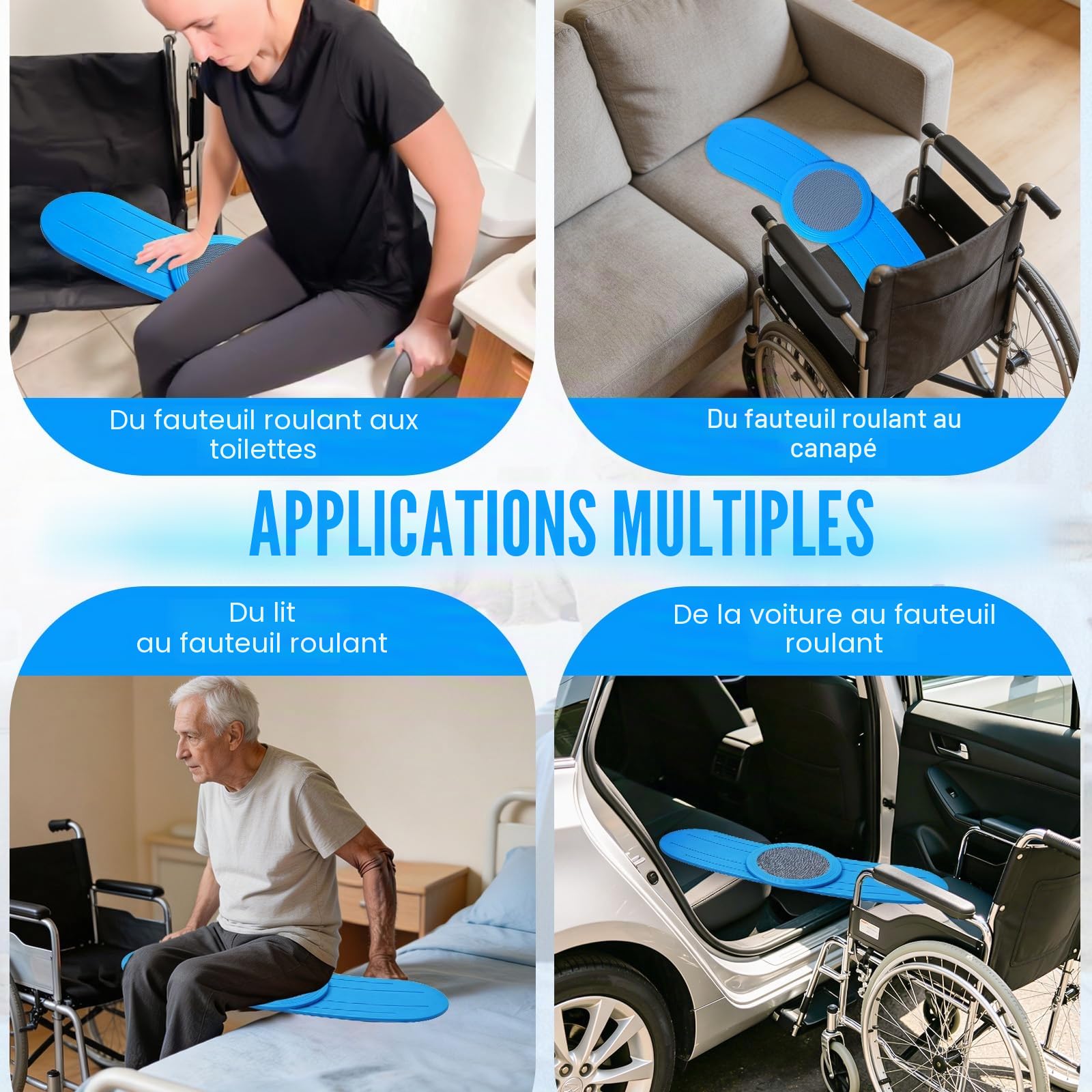 Planche de transfert pour fauteuil roulant, 75cm planche incurvée pour fauteuil roulant avec plaque pivotante coulissante à 360 °, Planche de Transfert pour personnes âgées ou handicapées