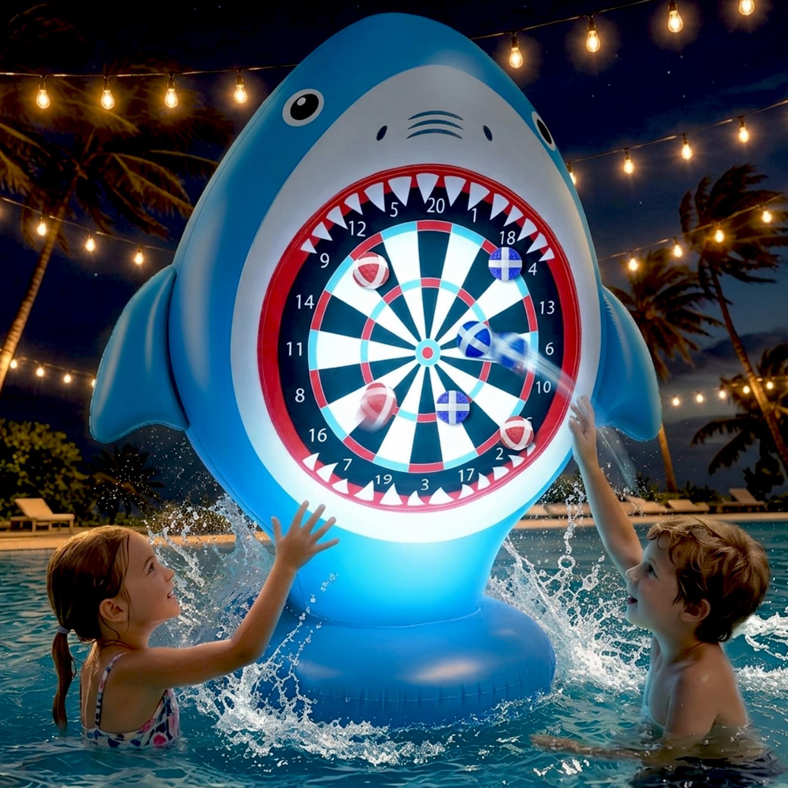 Jeu Fléchette Gonflable Piscine, Cible Fléchette Requin avec 10 Balles Velcro, Jouet Piscine pour Enfant Adulte, Jeux Piscine Gonflables, Jeu de Lancer pour Famille Jardin (avec Lumière)