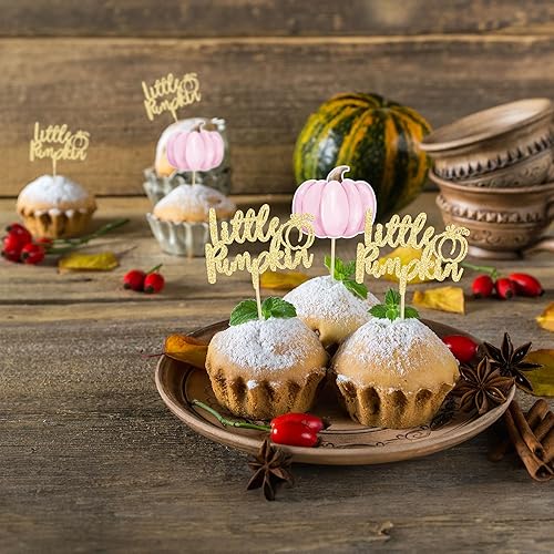 Miniatura 4 de Gyufise 24 adornos de calabaza para cupcakes de calabaza rosa, decoración de pastel de revelación de género para Acción de Gracias, cumpleaños, baby