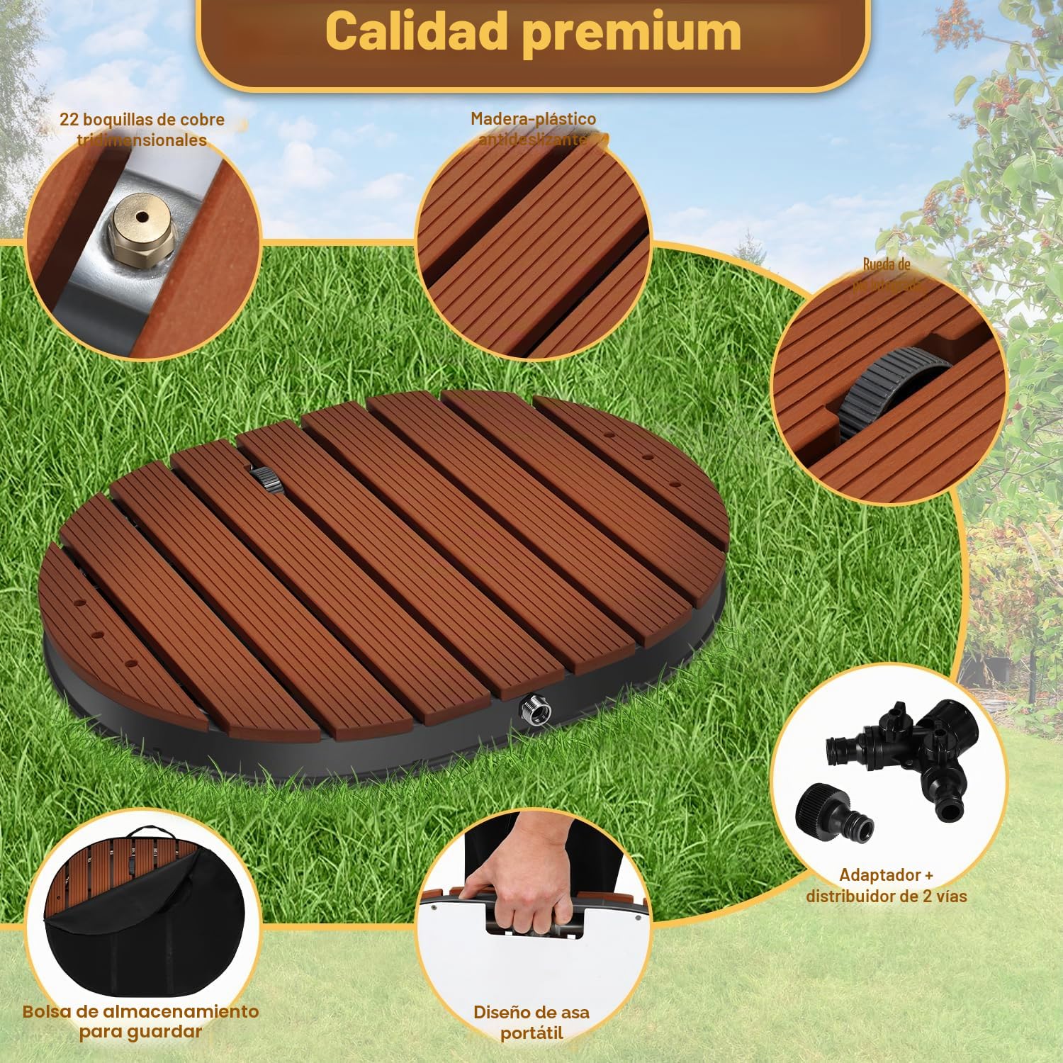Herrselsam Ducha de suelo para jardín con rueda y boquillas de cobre, ducha para piscina hasta 4m de altura de la fuente, ducha exterior de aluminio antideslizante y resistente a la intemperie para