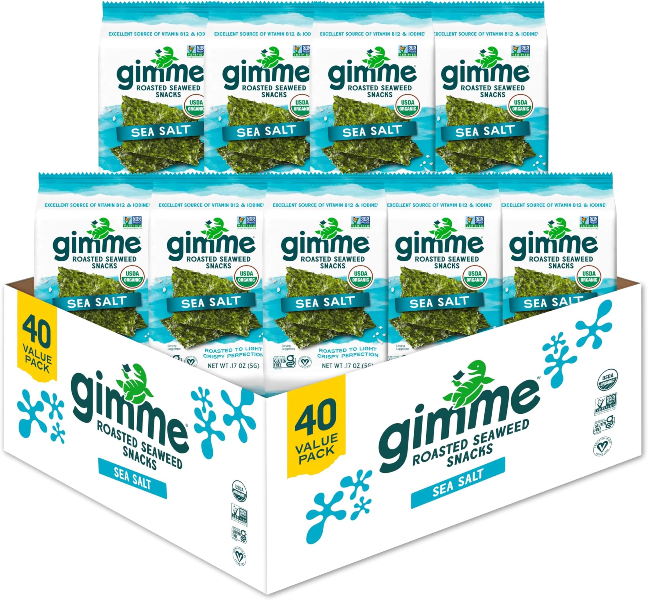 Gimme Seaweed Organic Premium Roasted Seaweed Snacks, Sea Salt, Keto, Vegan, Gluten-Free, Great Source of Omega3s and Iodine, Healthy On-The-Go Snack for Kids and Adults, 20 Count (Pack of 2)