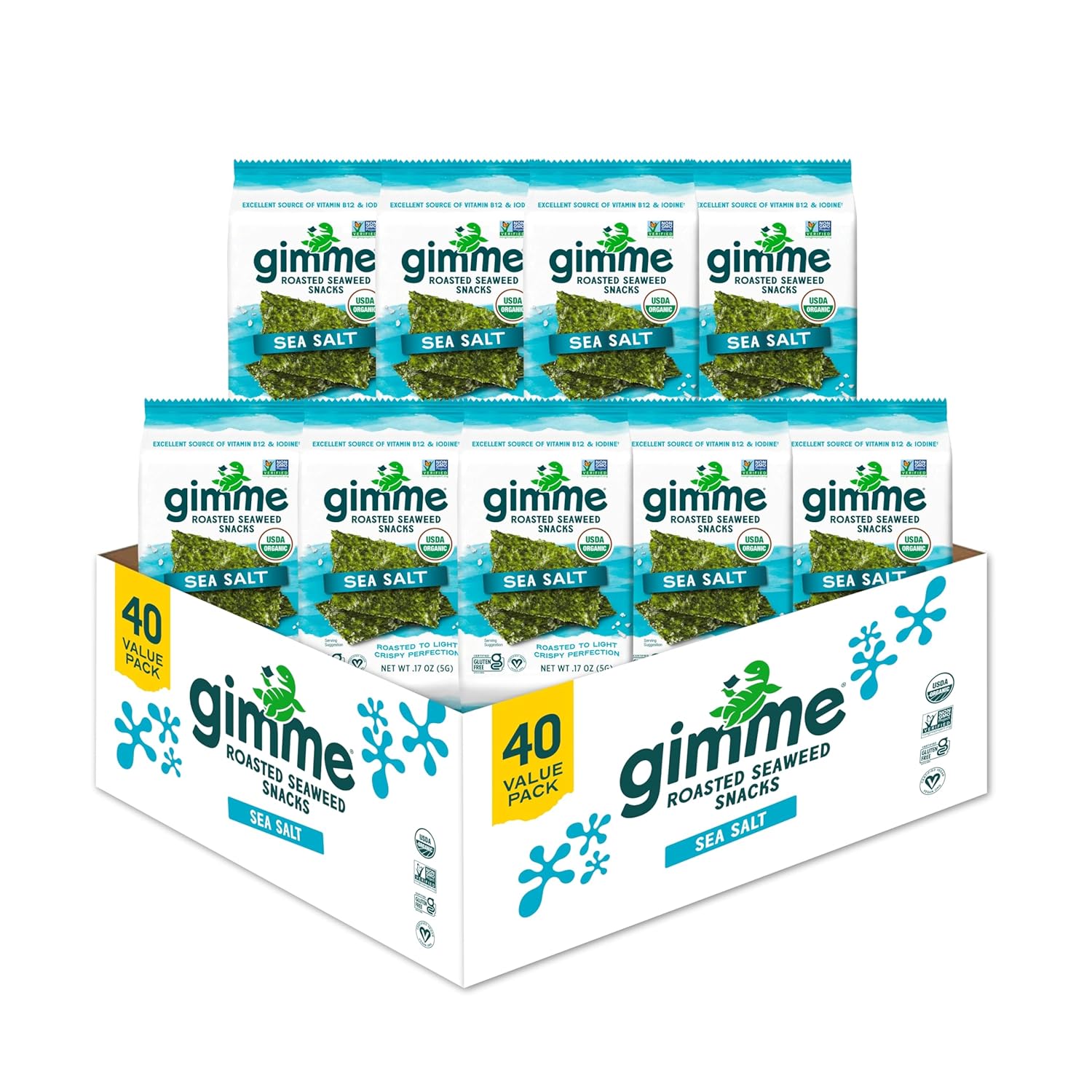Gimme Seaweed Organic Premium Roasted Seaweed Snacks, Sea Salt, Keto, Vegan, Gluten-Free, Great Source of Omega3s and Iodine, Healthy On-The-Go Snack for Kids and Adults, 20 Count (Pack of 2)