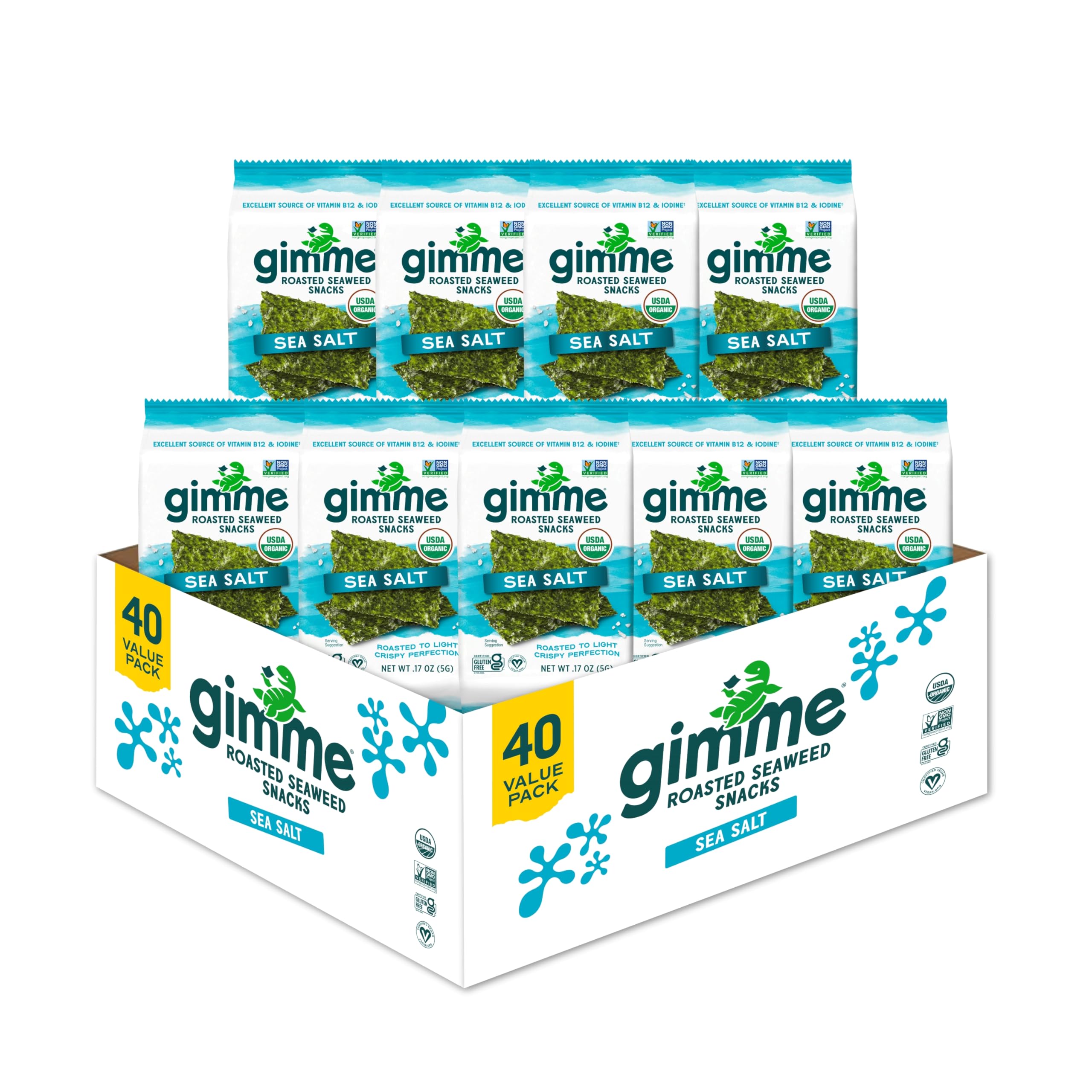 gimMe Organic Roasted Seaweed Sheets, Sea Salt, Keto, Vegan, Gluten Free, Great Source of Iodine and Omega 3’s, Healthy On-The-Go Snack for Kids & Adults, #1 Sea Salt, 0.17 Ounce (Pack of 40)USDA Organic