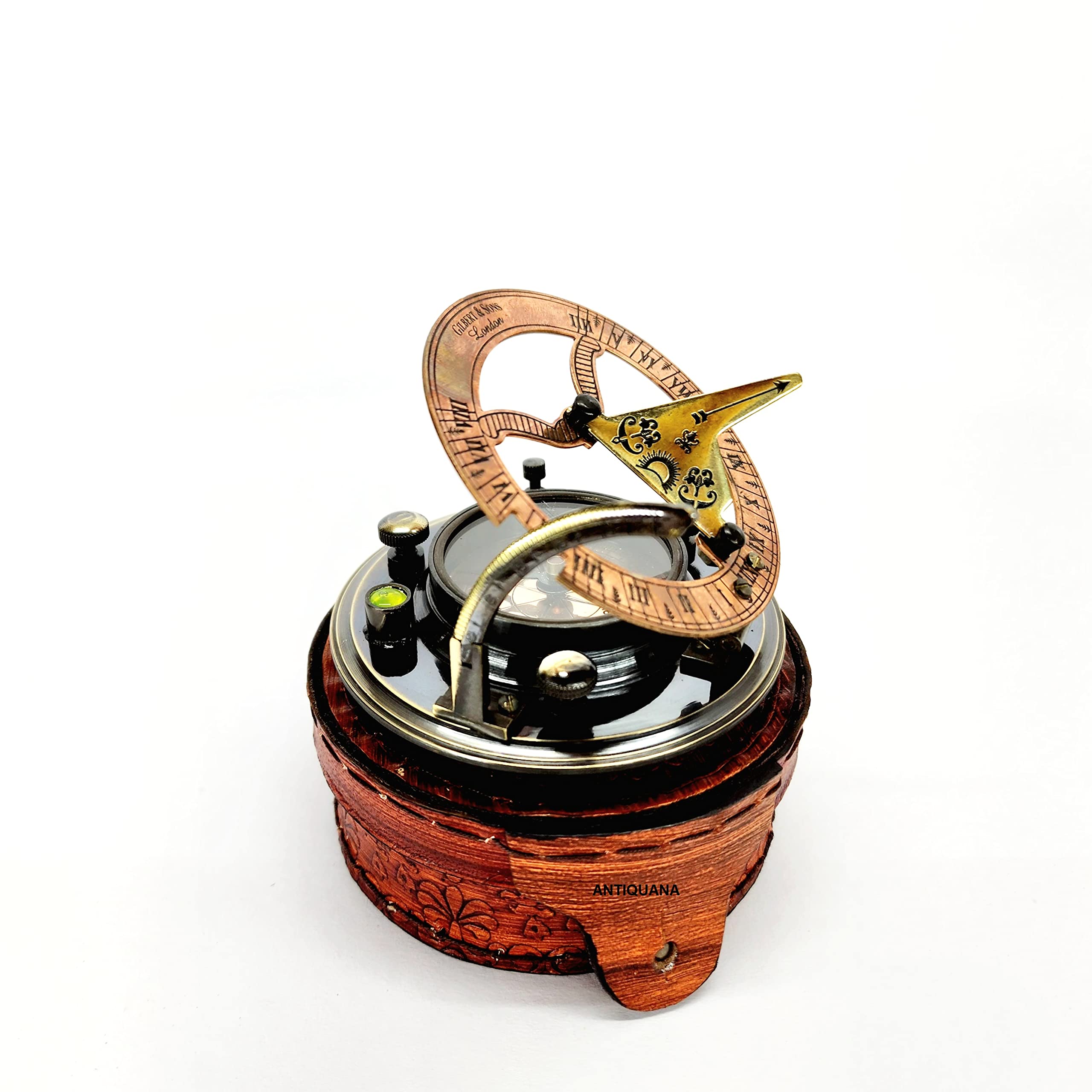 Reloj de sol de latón antiguo con brújula marina de regalo en caja de regalo náutico marino reloj de sol réplica de barco pirata